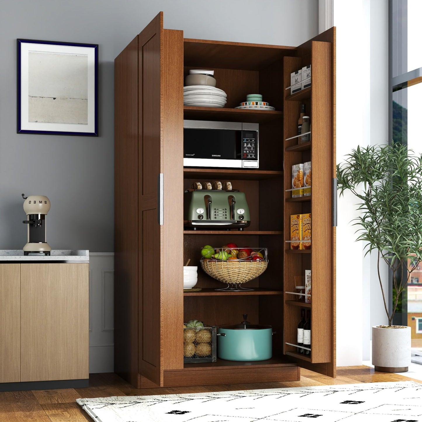 KEIKI 63" Tall Kitchen Pantry Storage Cabinet with Door-Side Rack & Shelves, Freestanding Wood Hutch Food Pantries Cupboard for Coffee Bar, Dining Room
