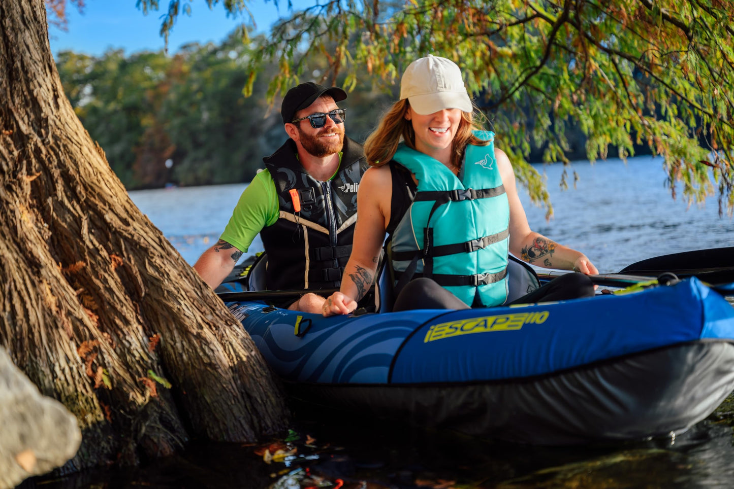 Pelican iESCAPE 110 Inflatable Convertible Kayak - Recreational Single or Tandem Kayak - Compact, Stable and Fun All in One - Transport Bag & Pump Included - 11 ft - Blue