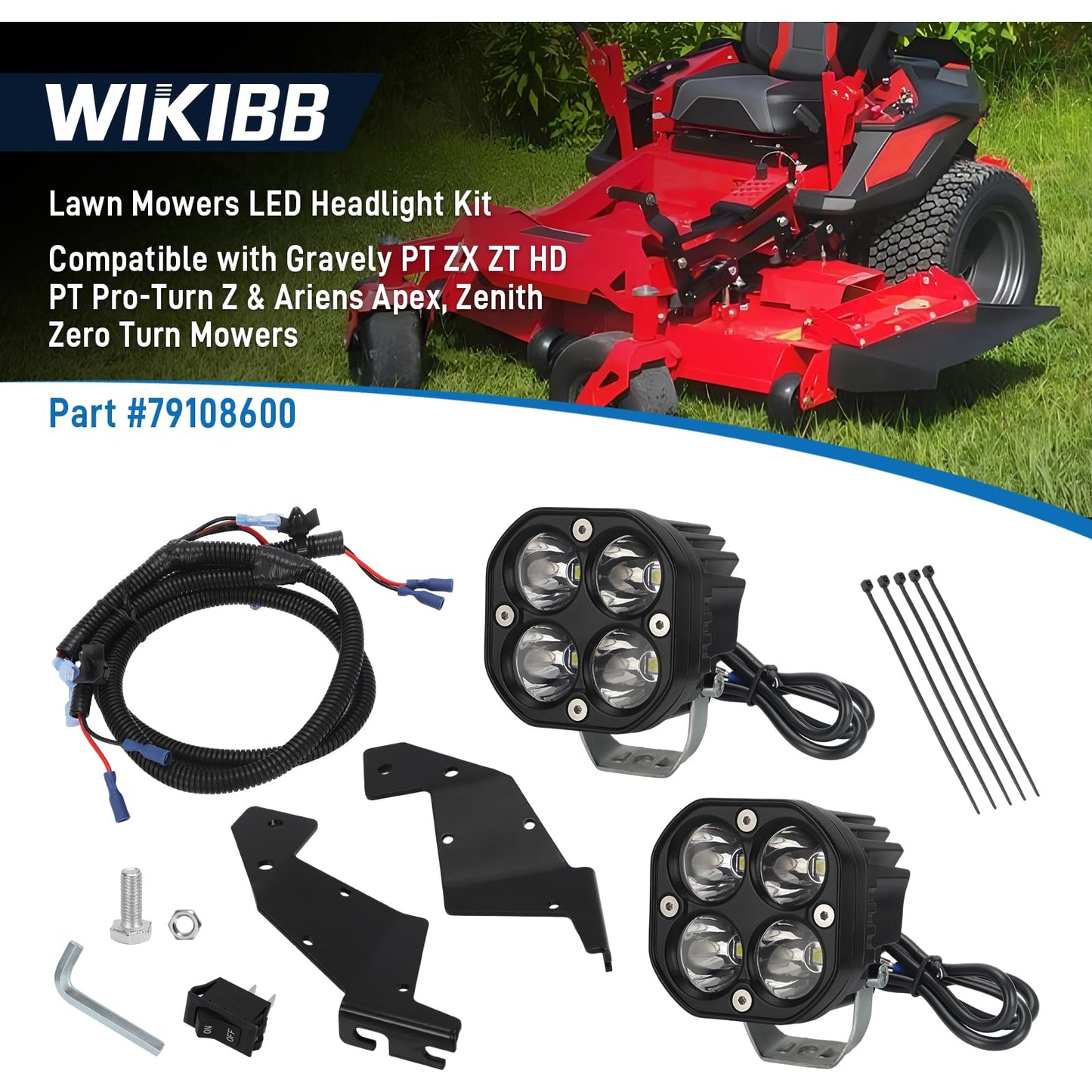 WIKIBB Lawn Mowers LED Headlight Kit Compatible with Gravely PT ZX ZT HD PT Pro-Turn Z & Ariens Apex Replaces 79108600 79106800 - Zero Turn Mower Light Assembly with Harness Brackets Hardware