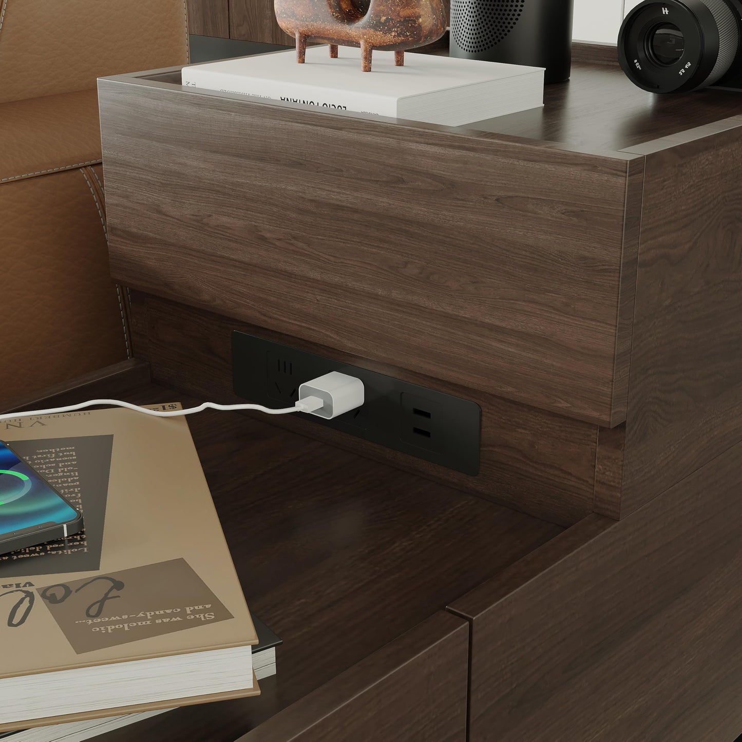 Modern Sofa Side Cabinet, Side Table with USB Interface and Power Outlet, Walnut Wood Living Room Bedroom Side Cabinet Modern Bedside Table with Charging Station for Living Room, Bedroom