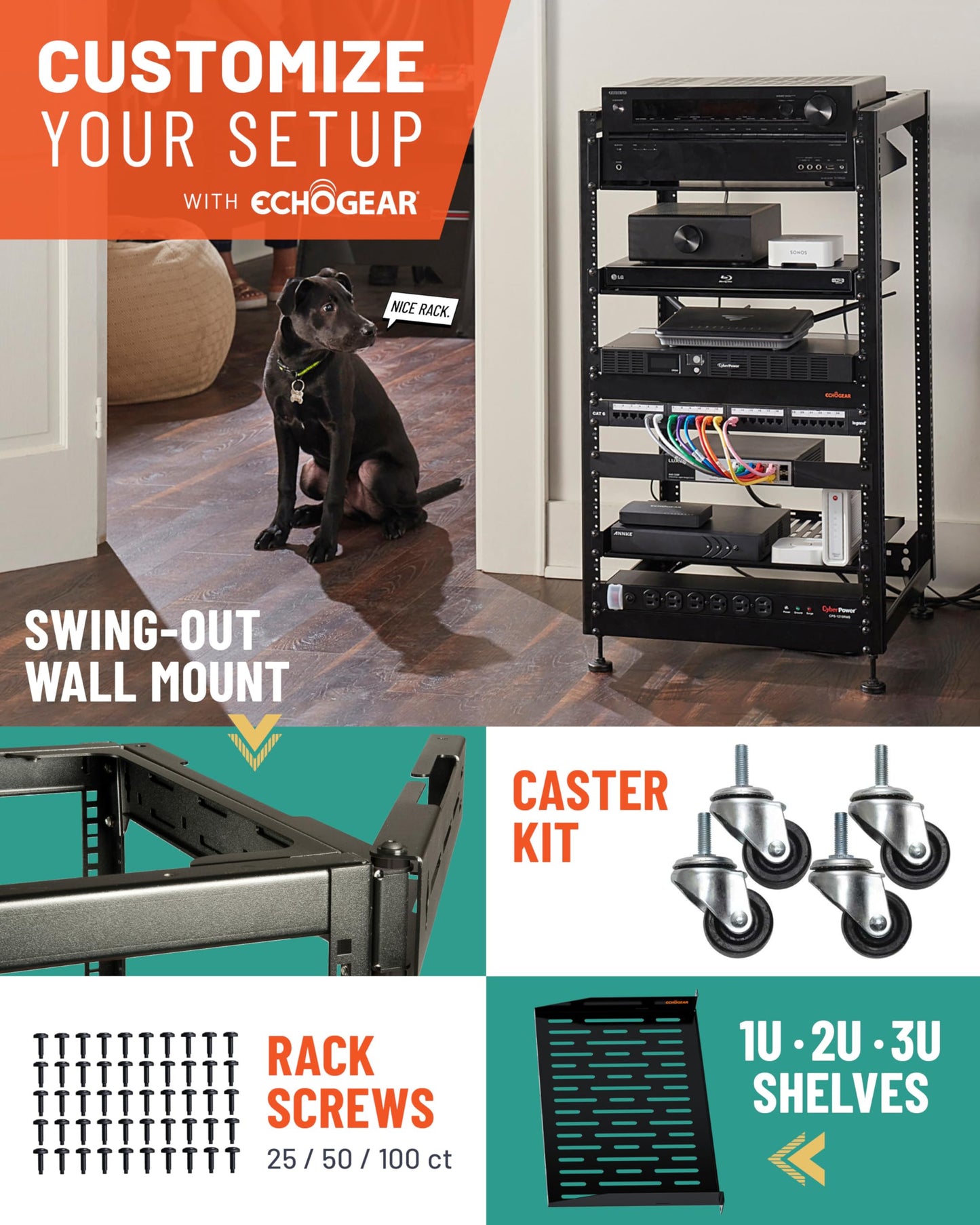 ECHOGEAR 20U Open Frame Rack w/Optimal Air Flow, DIY Assembly, 20.4” Depth