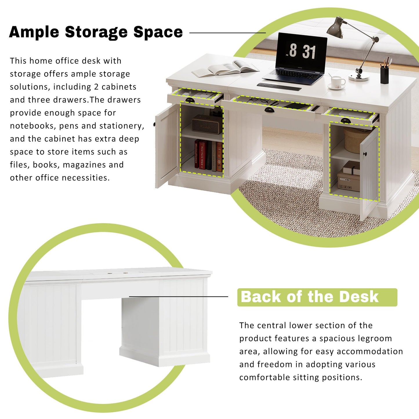 GDFStudio 67" Modern Executive Desk with Storage, White Computer Desk with 2 Doors Cabinet and 3 Drawers, Home Office Writing Desk with USB Ports and Power Outlets, Large Workstation for Study,Office