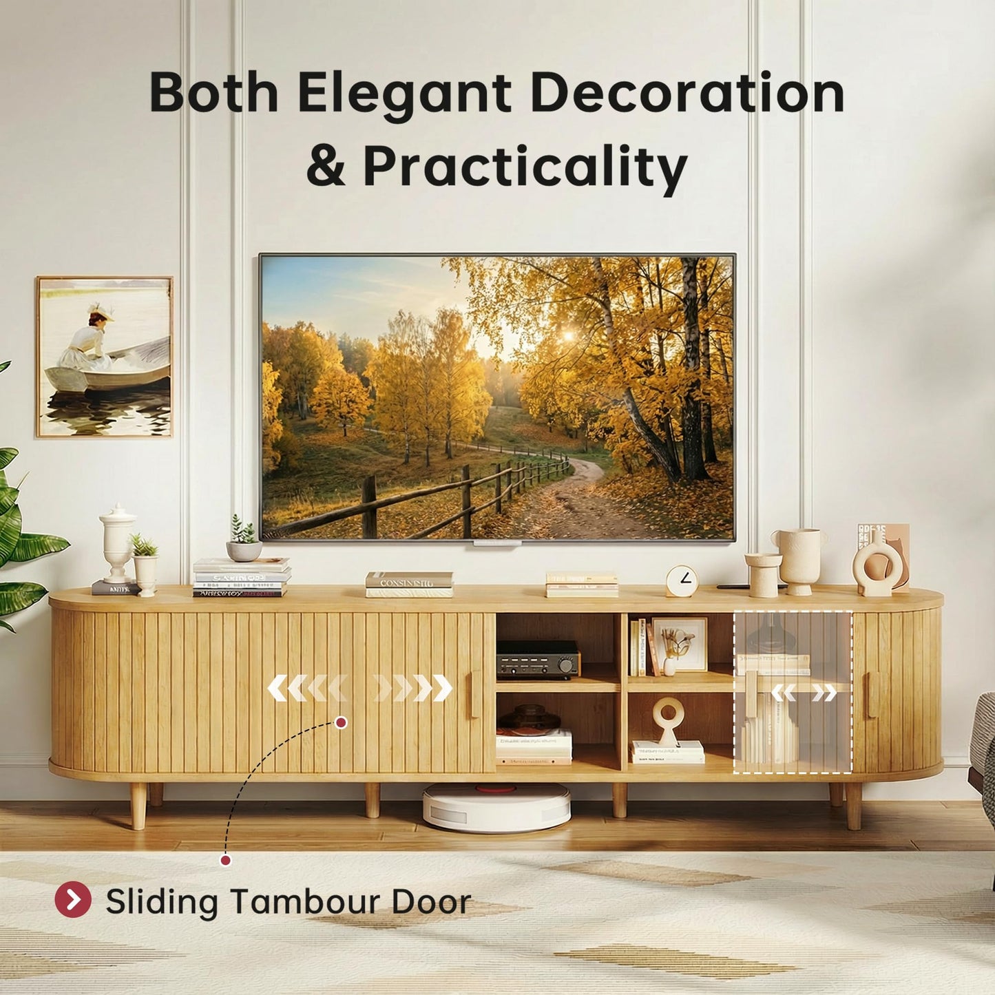 MXV 70" Mid-Century Modern TV Consoles with Sliding Doors, TV Stand with Power Outlet, Fluted Entertainment Center with Adjustable Shelves, for Living Room