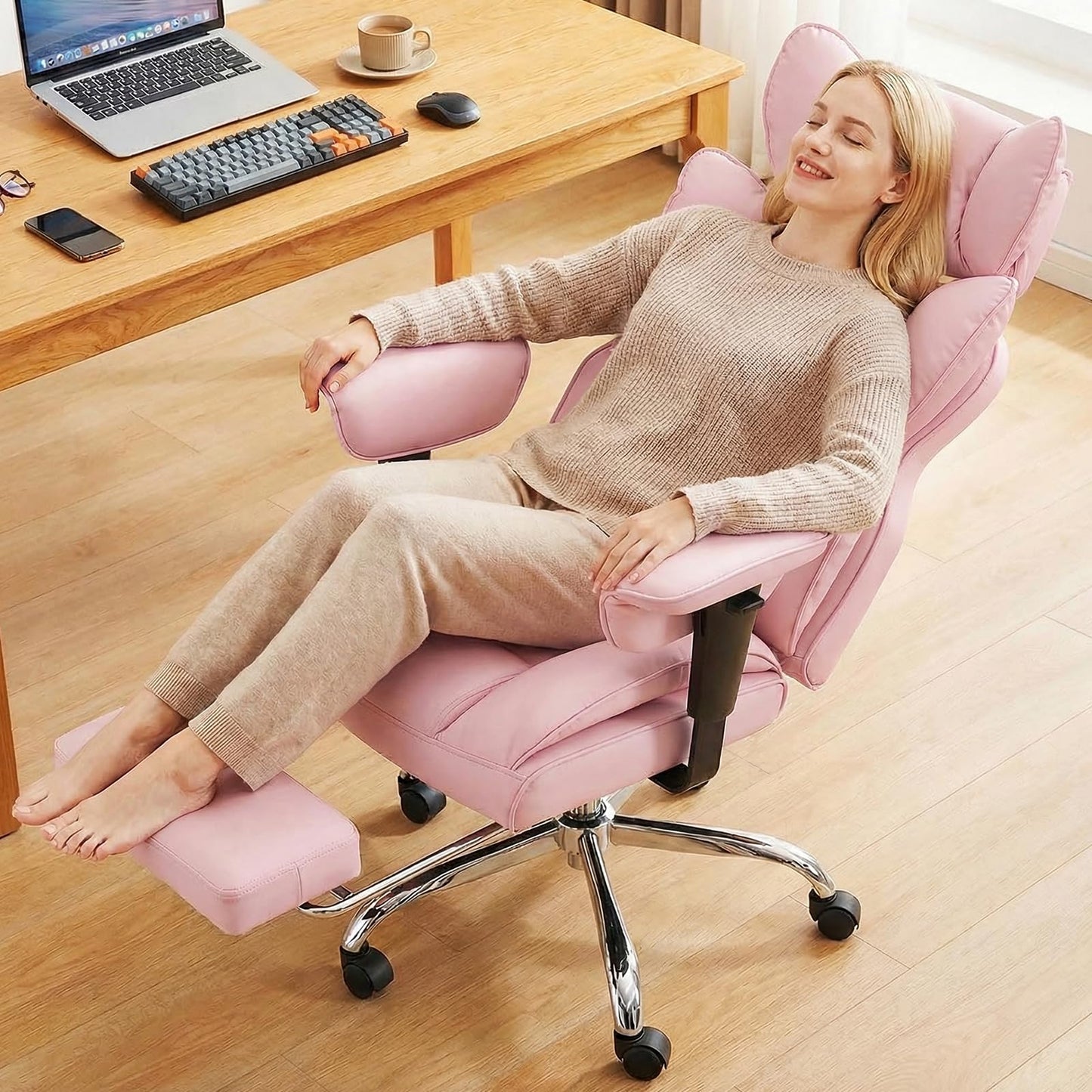 DUMOS Big and Tall Home Office Desk Chair, Gaming Computer Chair, Executive Ergonomic Chair with Footrest, High Back Reclining, Adjustable Armrests and Comfy Lumbar Support, PU Leather, Pink