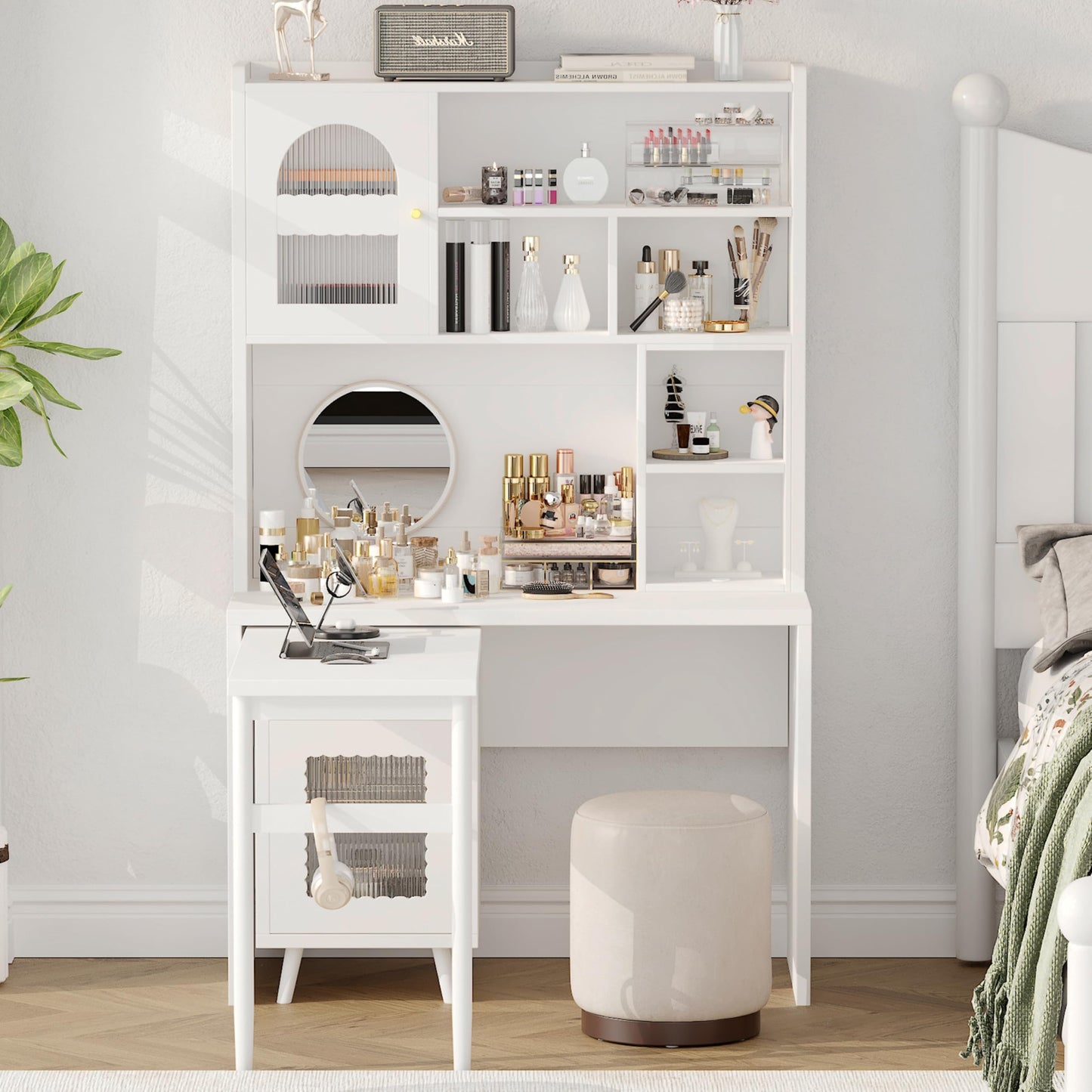 Merax Computer Desk with 90 Degree Rotating Desktop, L Shaped Office Desk with Storage Drawer and Cabinets, Writing Desk with Shelves for Study, Work Desk for Office Bedroom Living Room, White
