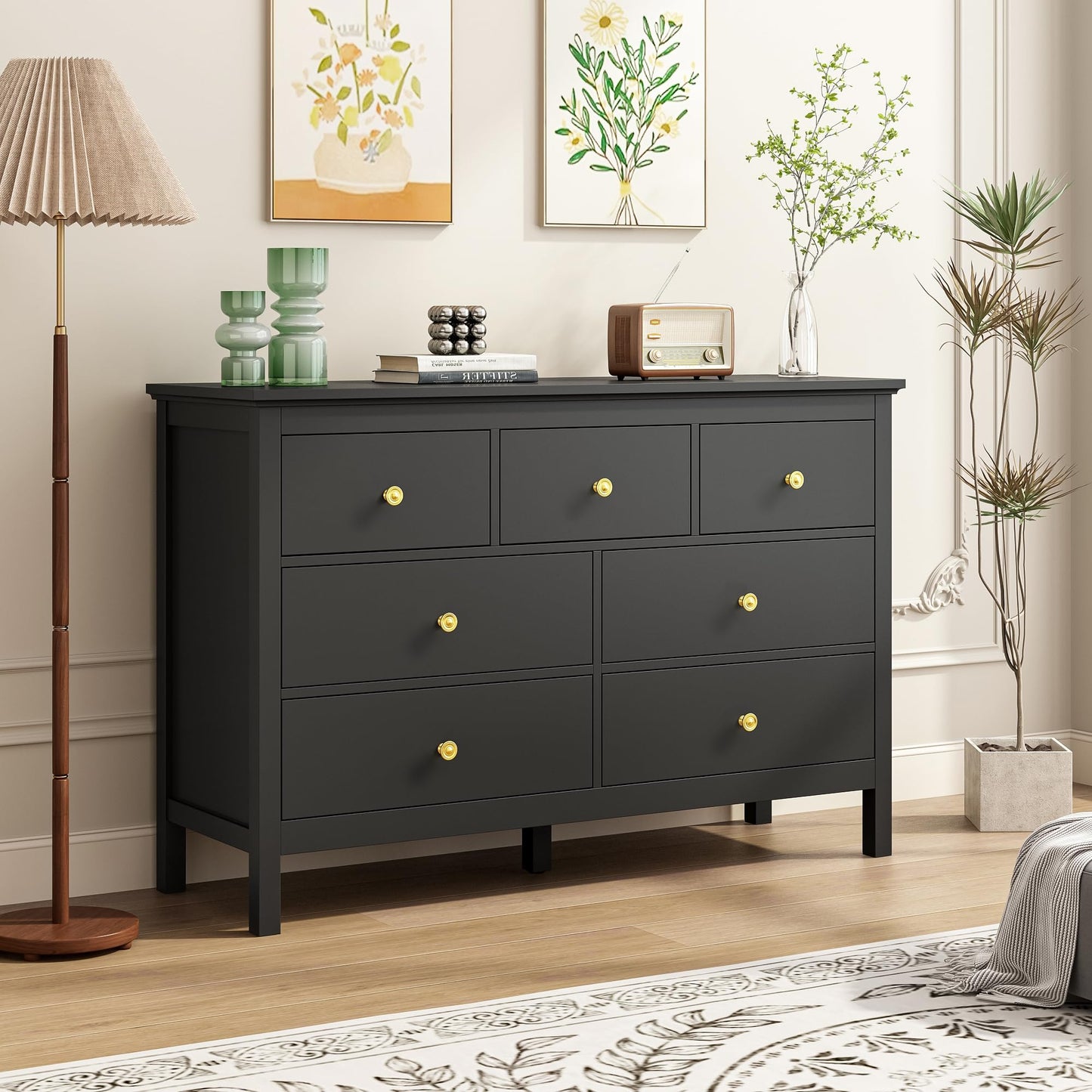 LYNSOM Black Dresser for Bedroom with 7 Drawers, 47'' Wide Modern Chest of Drawer with Gold Handles, Wood Storage Dresser TV Stand Dressers for Closet, Living Room, Kids Room, Entryway