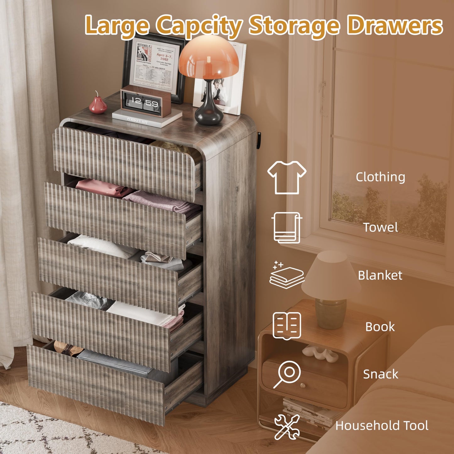 Wodeer Grey Dresser Fluted Tall 5 Drawer Dresser for Bedroom, Wood Chest of Drawers with Hidden Handles & Rounded Corners, Modern Storage Cabinet and Organizer Drawers for Living Room, Hallway, Gray