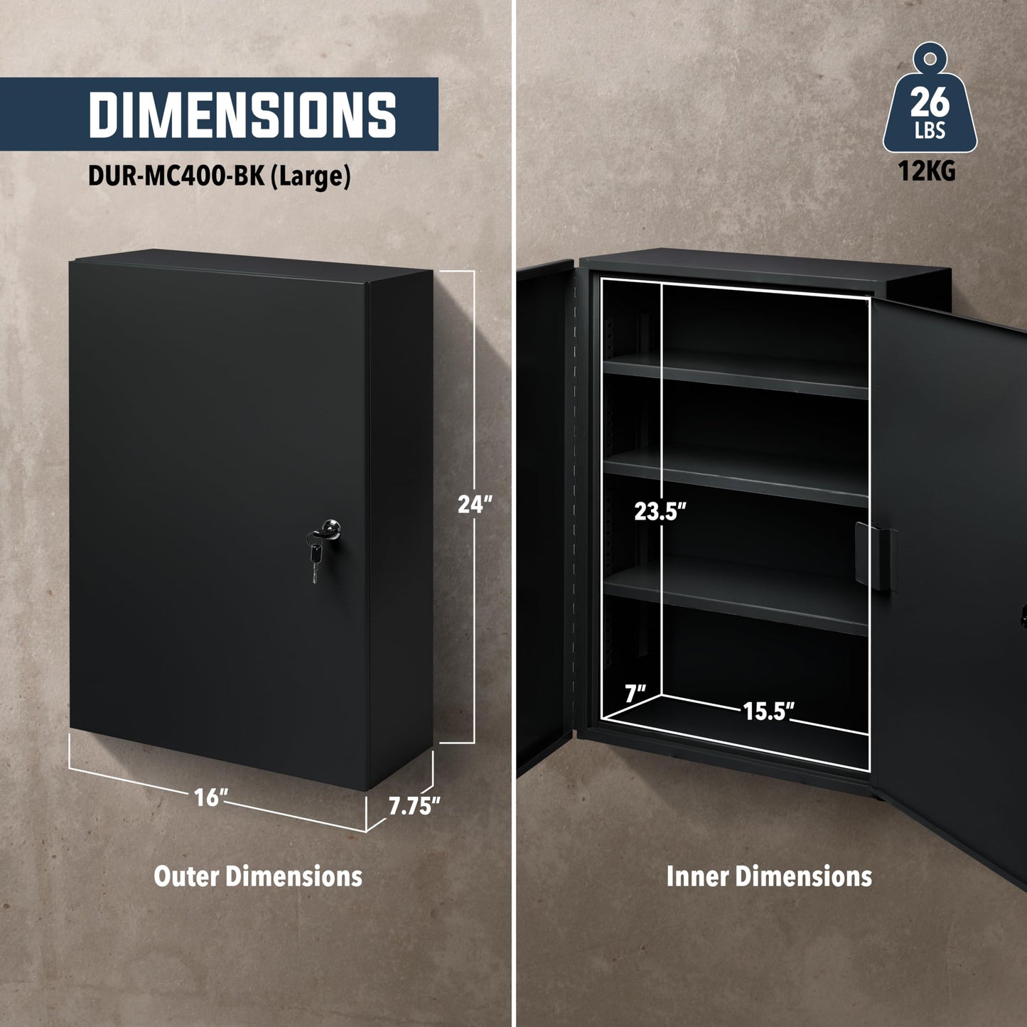 Durabox 2-Door Narcotics Cabinet - Double Door & Dual Key Lock Steel Cabinet for Safe Storage of Medicine, Prescription Drugs, Medical Supplies and More, 16"W x 24"H x 7-3/4"D (Black, Large)