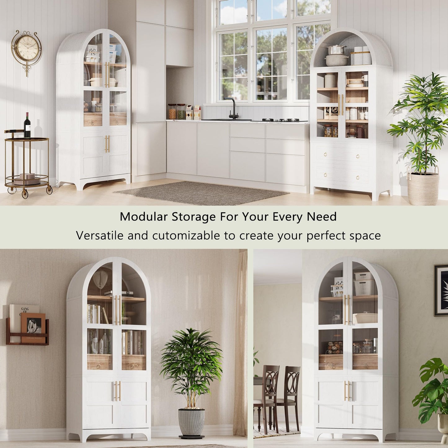 Merax 71" Farmhouse Arched Pantry Cabinet with Glass Doors & Hidden Drawer, Adjustable Shelves Storage Cupboard for Kitchen/Dining Room, White