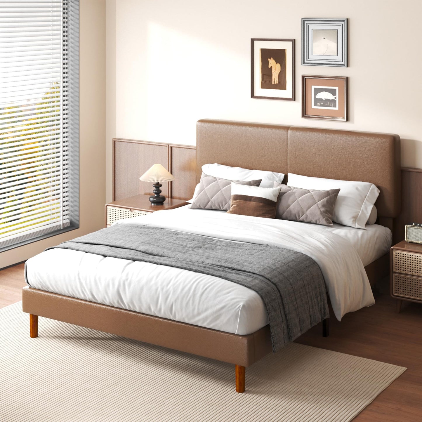 Lcwtvgxr Queen Upholstered Platform Bed Frame with Headboard, Faux Leather Modern Bed Frame with Wood Slat Support, No Box Spring Needed, Easy Assembly, Brown