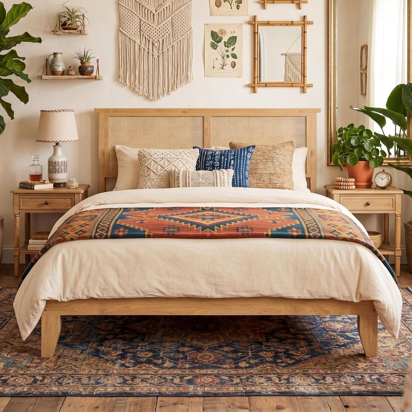 GAOMON Full Rattan Wood Bed Frame with Natural Rattan Headboard, Full Size Platform Bed Frame with LED Lights, Mattress Foundation, Noise-Free, No Box Spring Needed