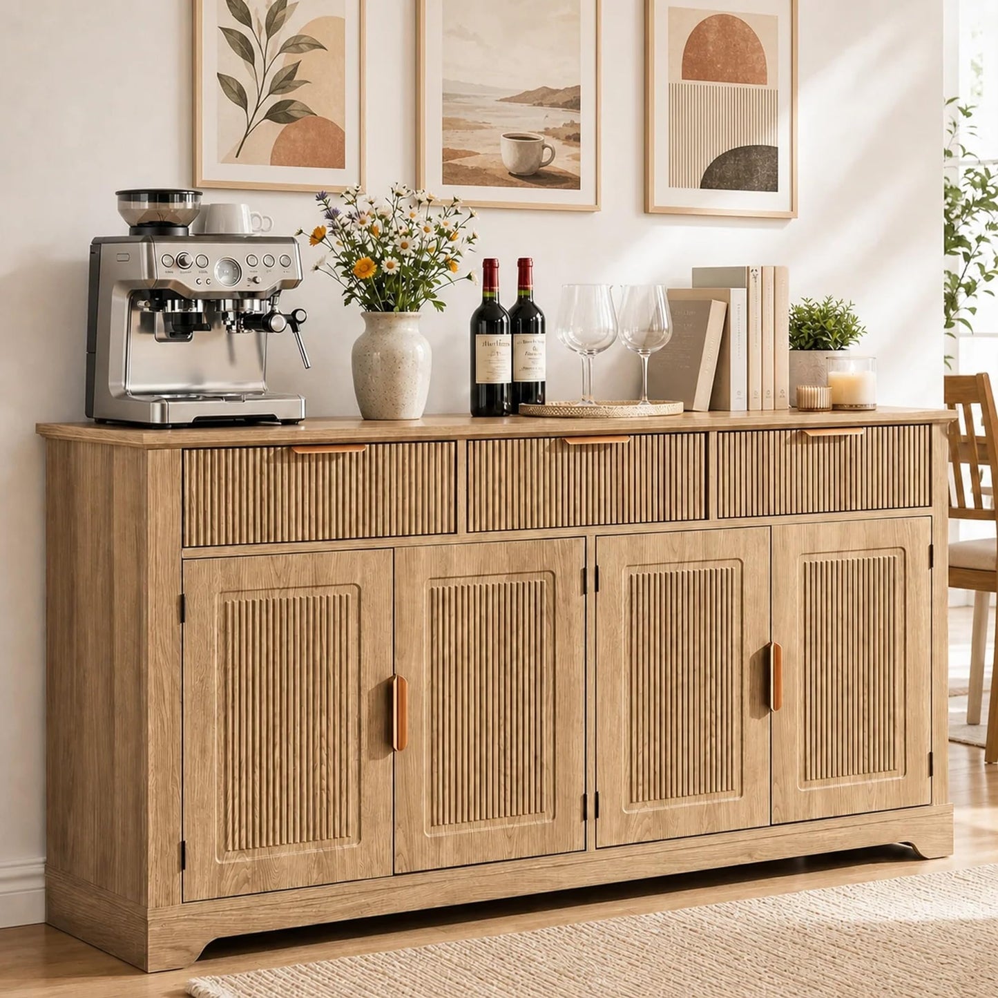 DWVO 59" Fluted Buffet Cabinet with Storage Natural Oak