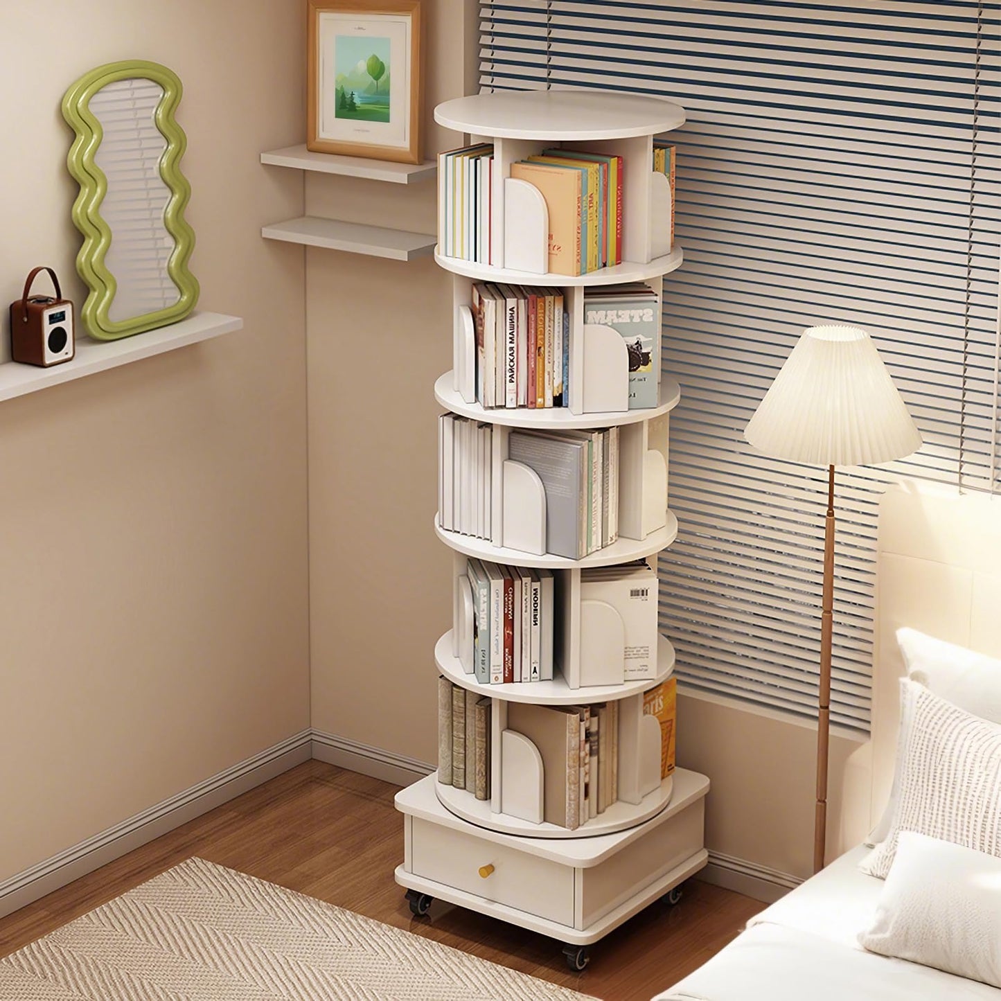 GDFStudio 6-Tier Rotating Bookshelf with Wheels & Drawer, 360° Spinning Round Display Organizer, Space-Saving Storage Tower for Living Room, Home, Office, White