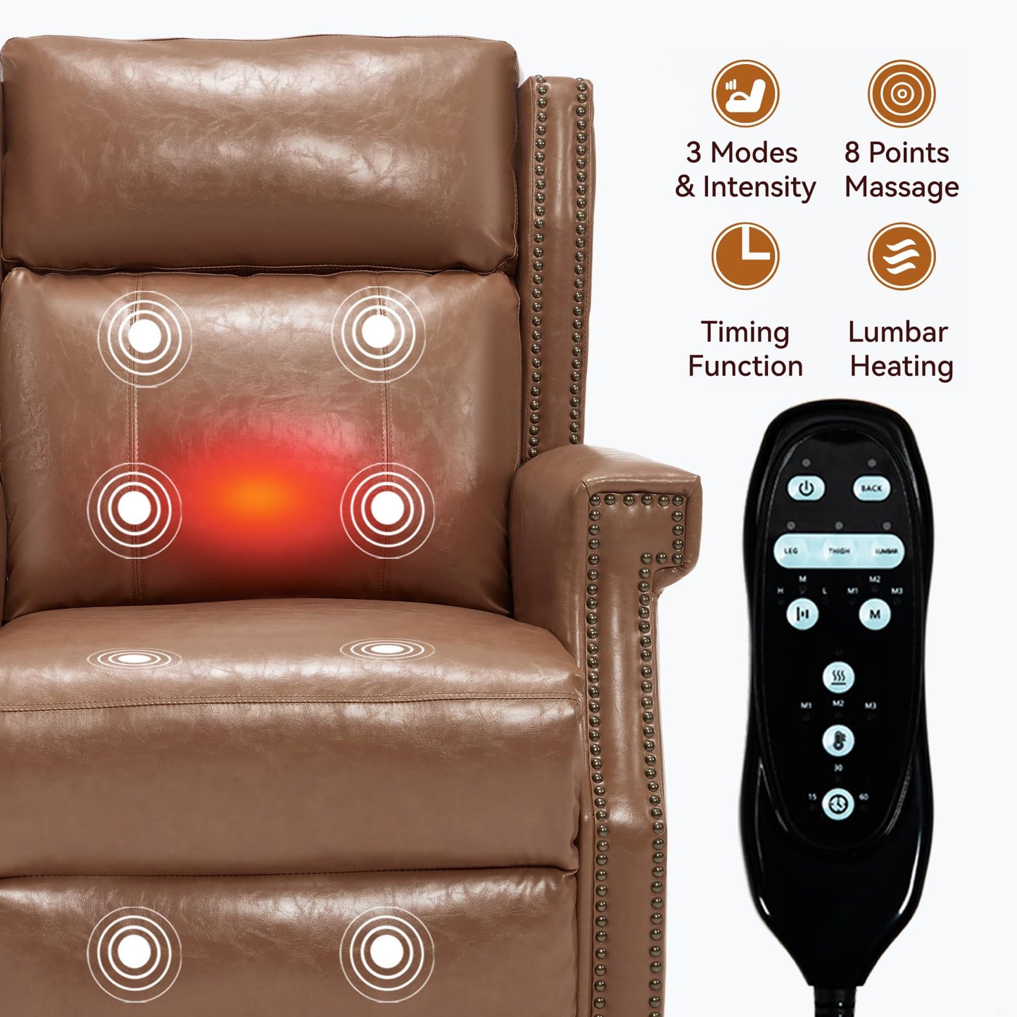 KEIKI Mid Century Modern Oversized Recliner Accent Chair for Adults, Manual Leather Recliner Chair with Back Massager and Heating for Living Room, Home Soft Rocking Lounge Reading Chair, Camel