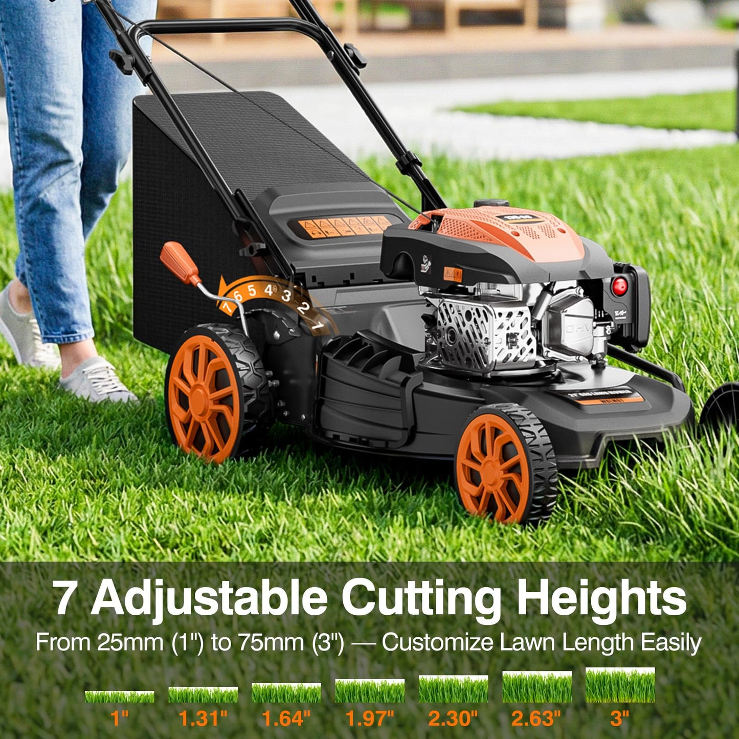 21” Self Propelled Lawn Mower Gas, 170CC 4-IN-1 Mulch/Rear Bag/Side Discharge/Rear Discharge, Walk-Behind Gas Lawnmower with 7-Position Cutting Height, Foldable Gas Powered Lawn Mowers for Lawn Garden