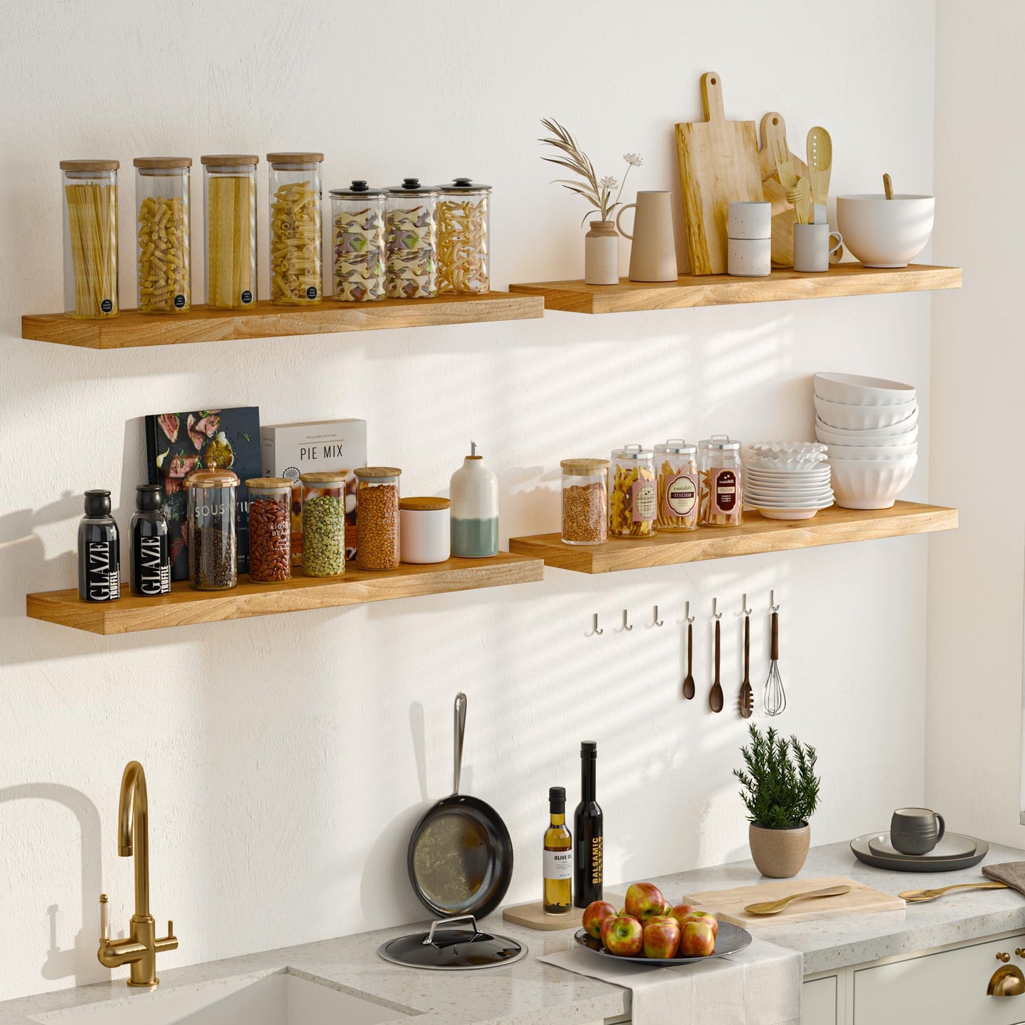Fun Memories 72" Floating Shelves for Wall, Rustic Solid Elm Wood Floating Shelves - Invisible Bracket Mount, Extra Long Wall Mounted Shelf for Living Room, Bathroom, Bedroom, Kitchen, Natural
