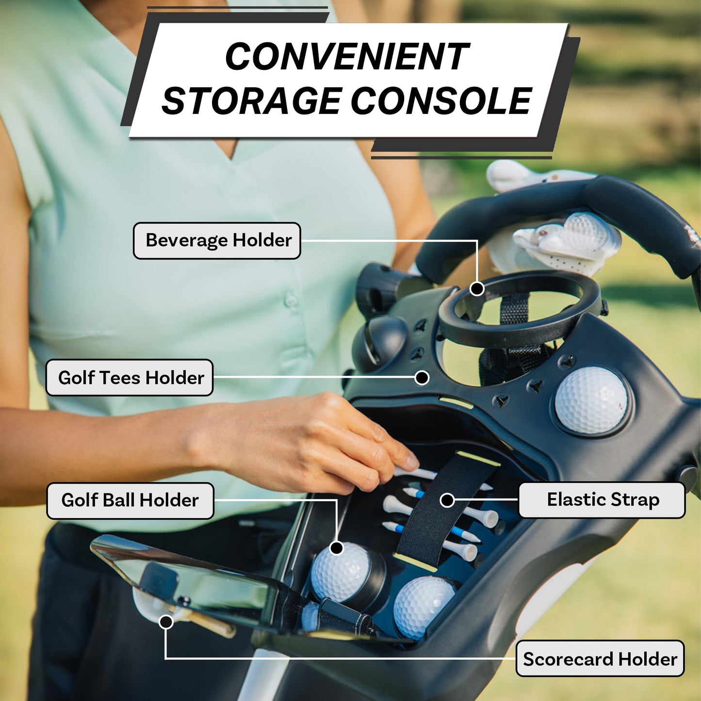 CUBE CART 3-Wheel Golf Push Cart – Ultra-Compact 14.5 lb Folding Golf Trolley, Two-Step Fold, Adjustable Handle, Foot Brake, Umbrella Holder & Built-in Storage - Charcoal/Lime