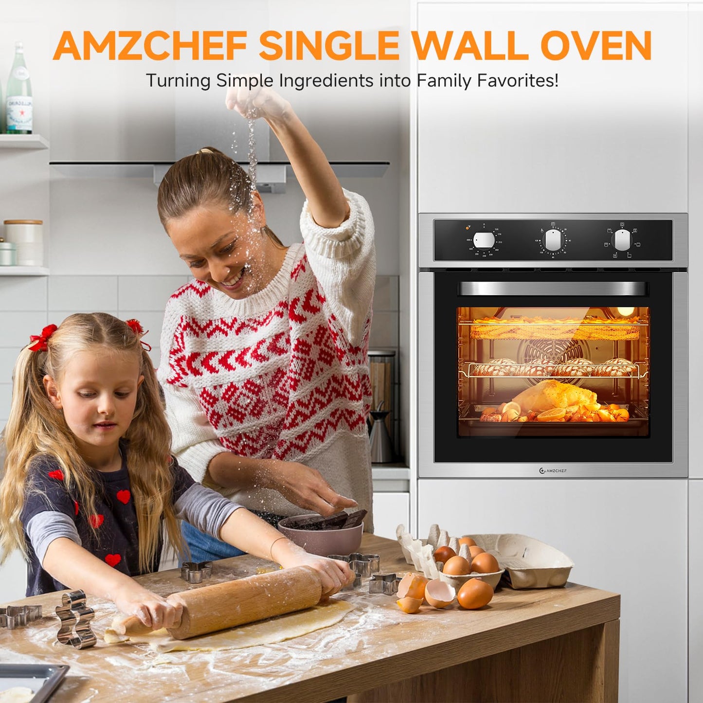 24" Single Wall Oven for Kitchen: 2200W Built-in Electric Wall Oven with Mechanical Knobs Control, 2.5 Cu.ft. Stainless Steel Wall Oven with 6 Cooking Modes, Convection Oven, Timer