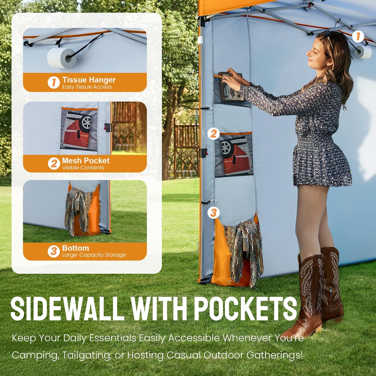 CROWN SHADES Canopy Tent, 10 x 10 Foot Portable Pop Up Outdoor Shelter with Pocket Sidewall, Push Center Lock, UV Protection, and Carry Bag, Orange