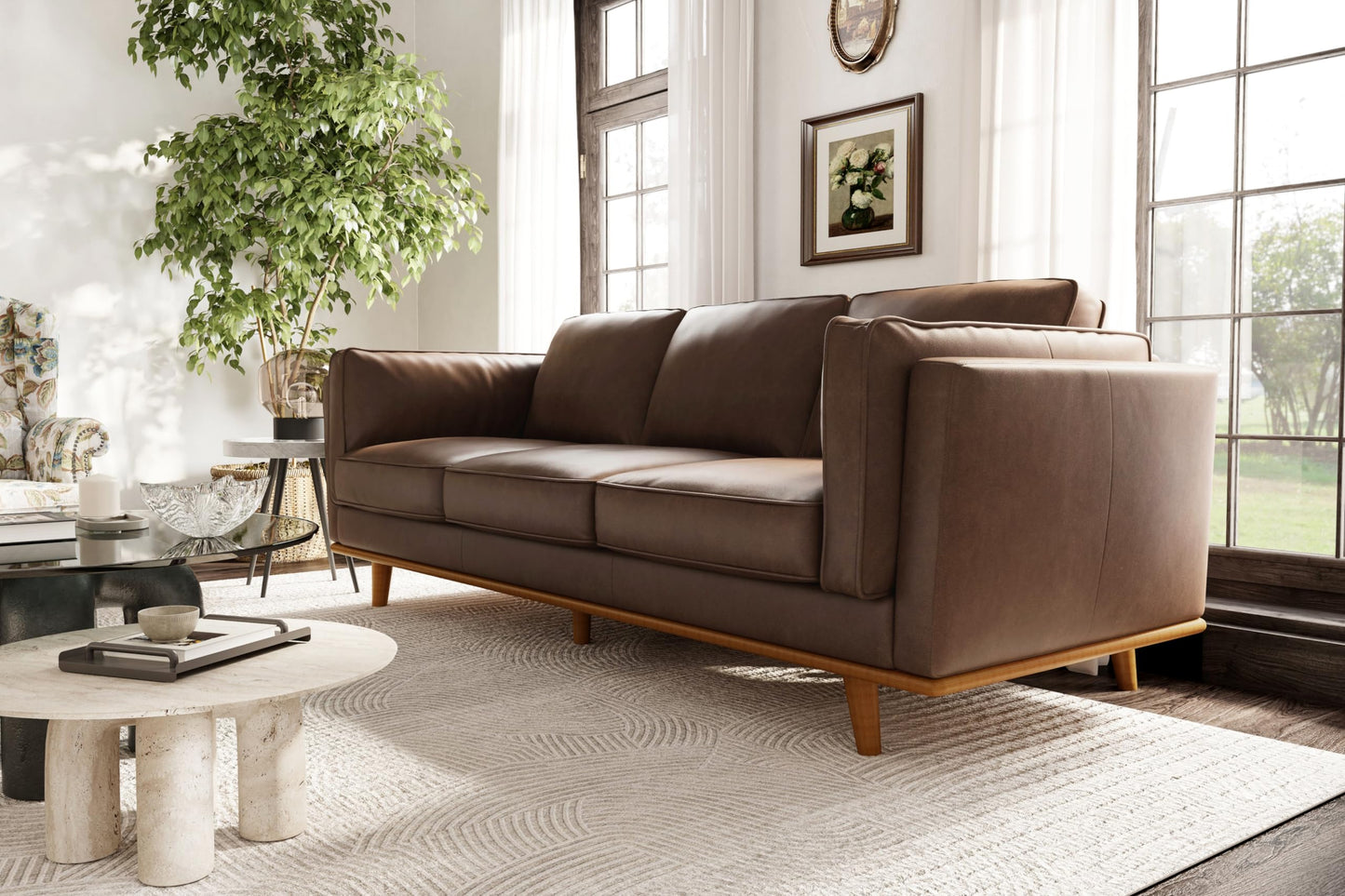 Valencia Artisan Full Leather Sofa 88” | Pure Full Italian Nappa Leather Couch, Solid Wood Accent, Ultimate Comfort, Chocolate