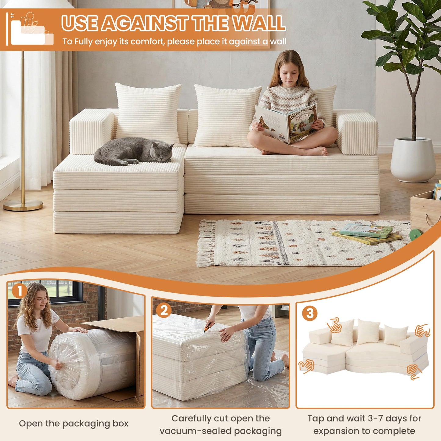 65" Boneless Couch,Convertible Sleeper Sofa Bed, Modular Sectional Sofa, Modern Tri-Folding Cloud Couch with L-Shape Chaise, Corduroy Futon Couches for Living Room Small Spaces Apartment,No Assembly