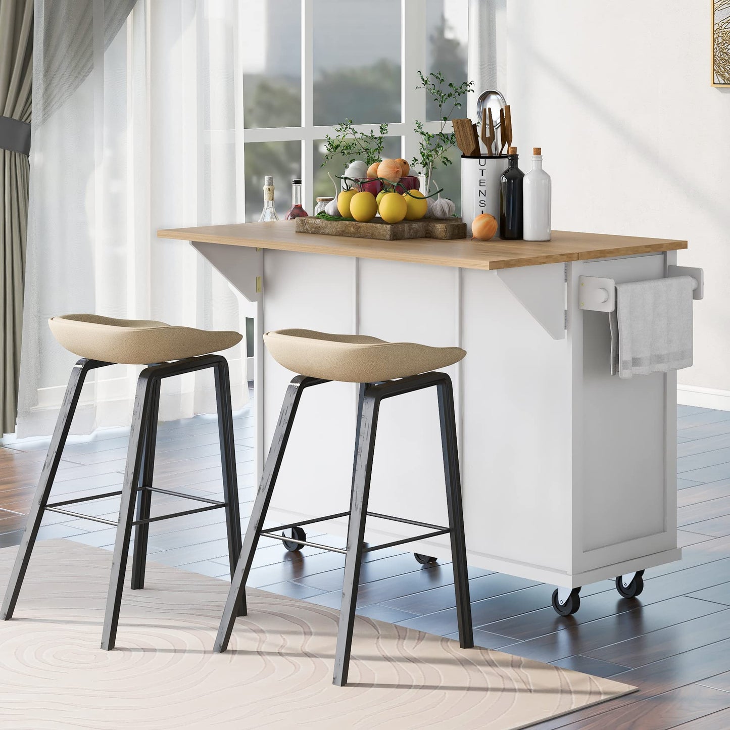 Favfurish Multipurpose Kitchen Cart Cabinet with Rubber Wood Drop-Leaf Countertop,Internal Storage Cabinet Racks W/ 5 Wheels & 3 Drawers for Dining Room, Home,Bar,White