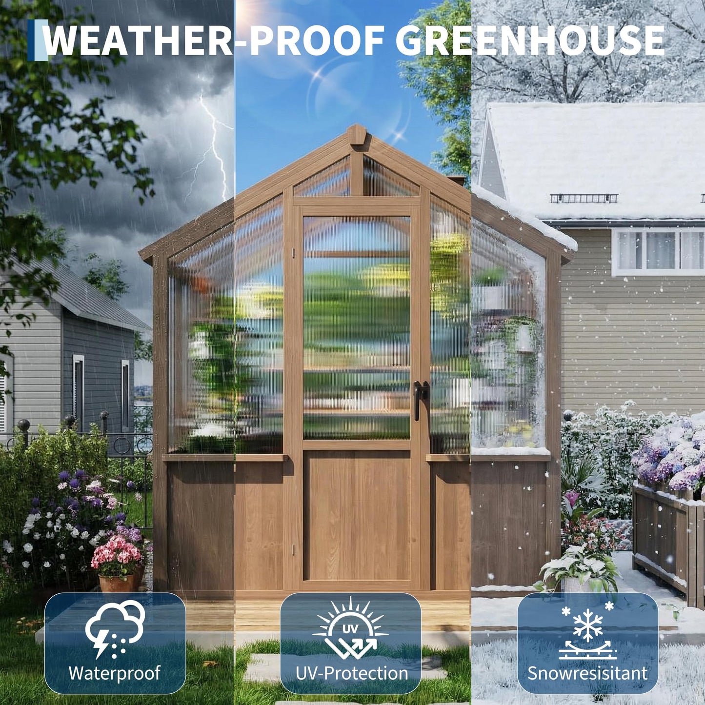 6x8 FT Greenhouse - Large Wooden Greenhouses for Outdoors, Heavy Duty Spruce Frame Greenhouse with PC Panels, Adjustable Roof Vents & Lockable Door, Walk-in Green Houses for Garden, Backyard, Patio