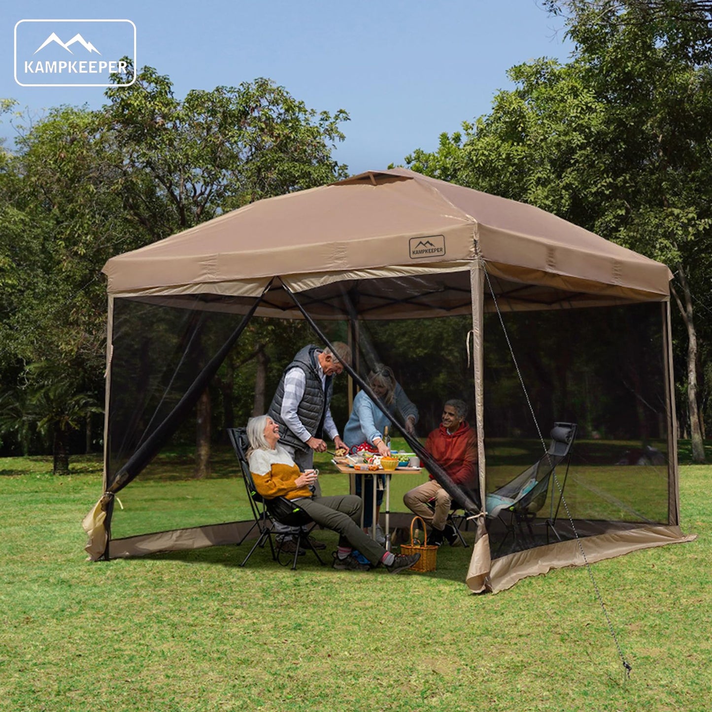 KAMPKEEPER 10x10 Pop-Up Canopy Tent, Waterproof Portable Shade with Screen Walls, Adjustable Instant Outdoor Shelter for Camping, Backyard, and Events, Khaki