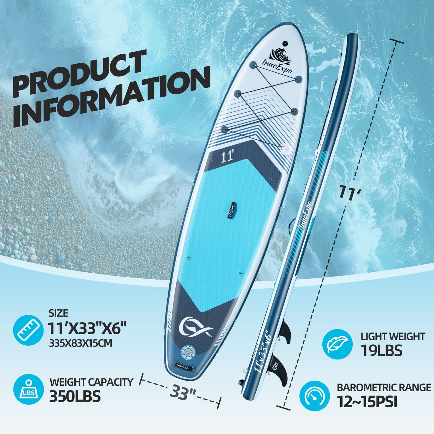 InnoExpo Inflatable Stand Up Paddle Boards with Premium Accessories, Wide Stable SUP Paddle Board Design, Non-Slip Comfort Deck for Youth & Adults (Marine/Kayak Seat, 11'x33''x6'')