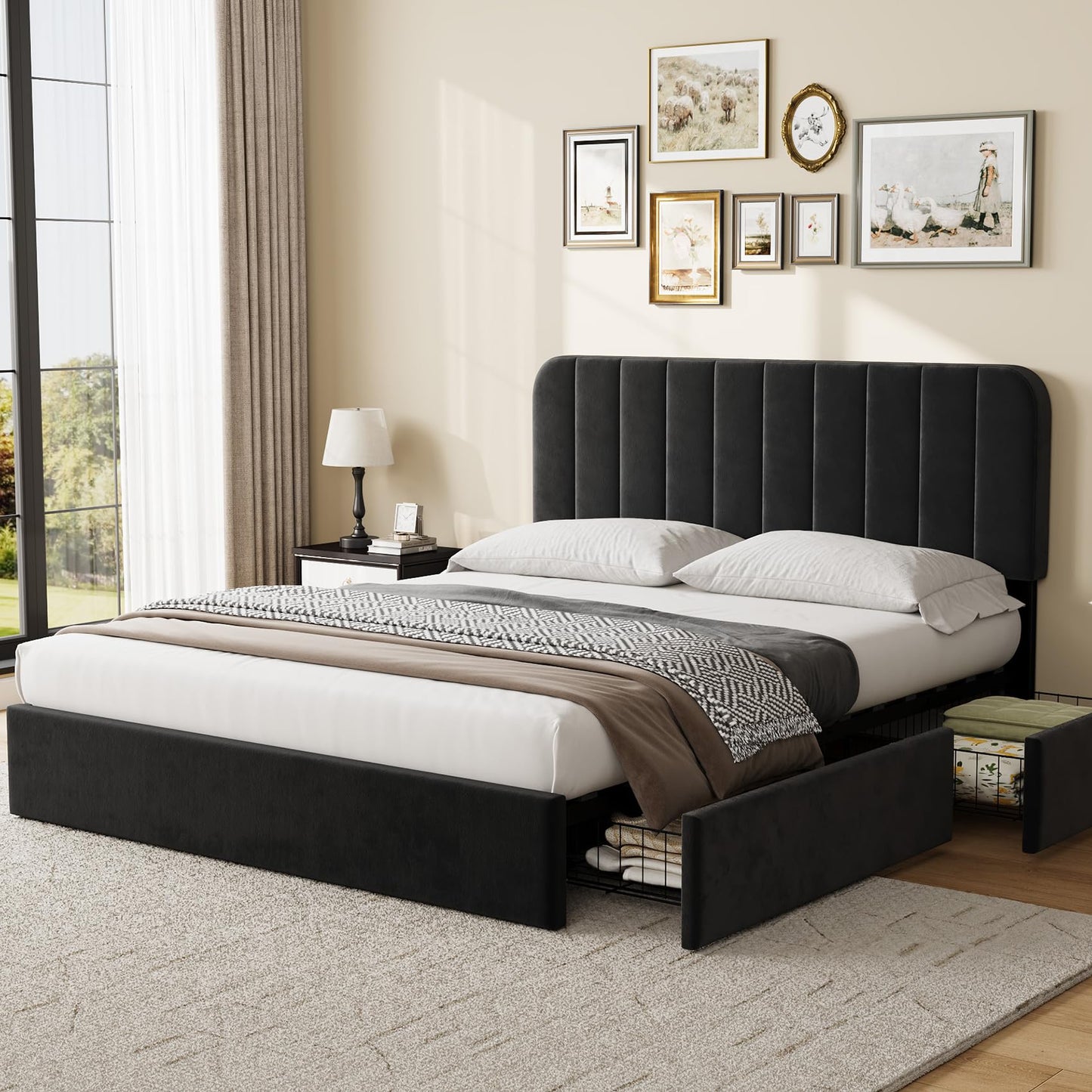 Garvee Queen Size Bed Frame with 4 Drawers, Upholstered Velvet Platform Bed with Height Adjustable Headboard, Wooden Slats Support, No Box Spring Needed, Easy Assembly, Black