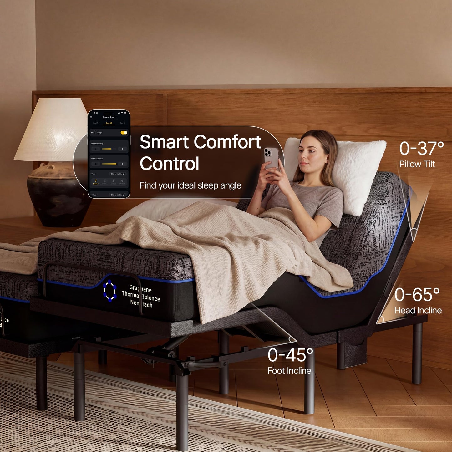 AMADA HOMEFURNISHING Split King Adjustable Bed Set, 3-Motor Adjustable Bed with Massage, Head & Foot Lift, Headrest Tilt, Zero Gravity, Anti-Snore, App & Remote Control, Easy Setup