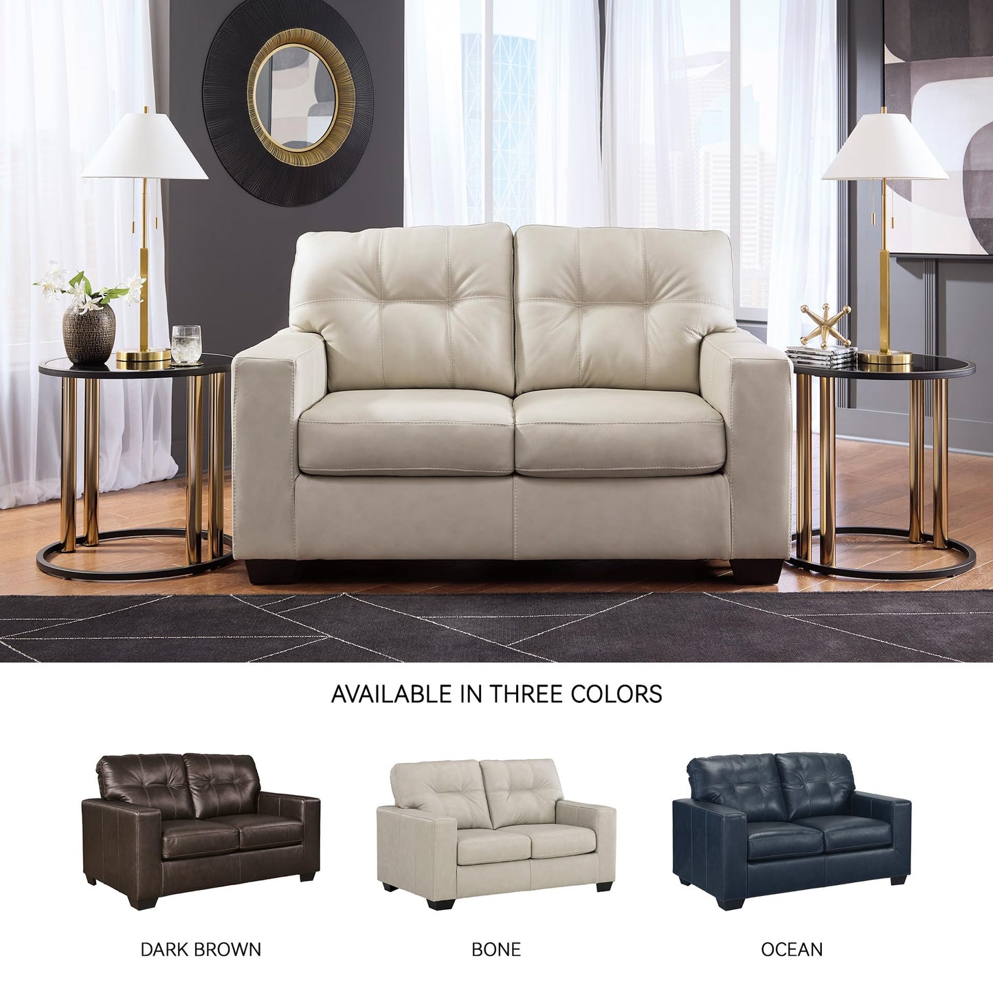 Signature Design by Ashley Santorine Classic Leather Match Loveseat with Tufted Cushion and Removable Cushion, Light Gray