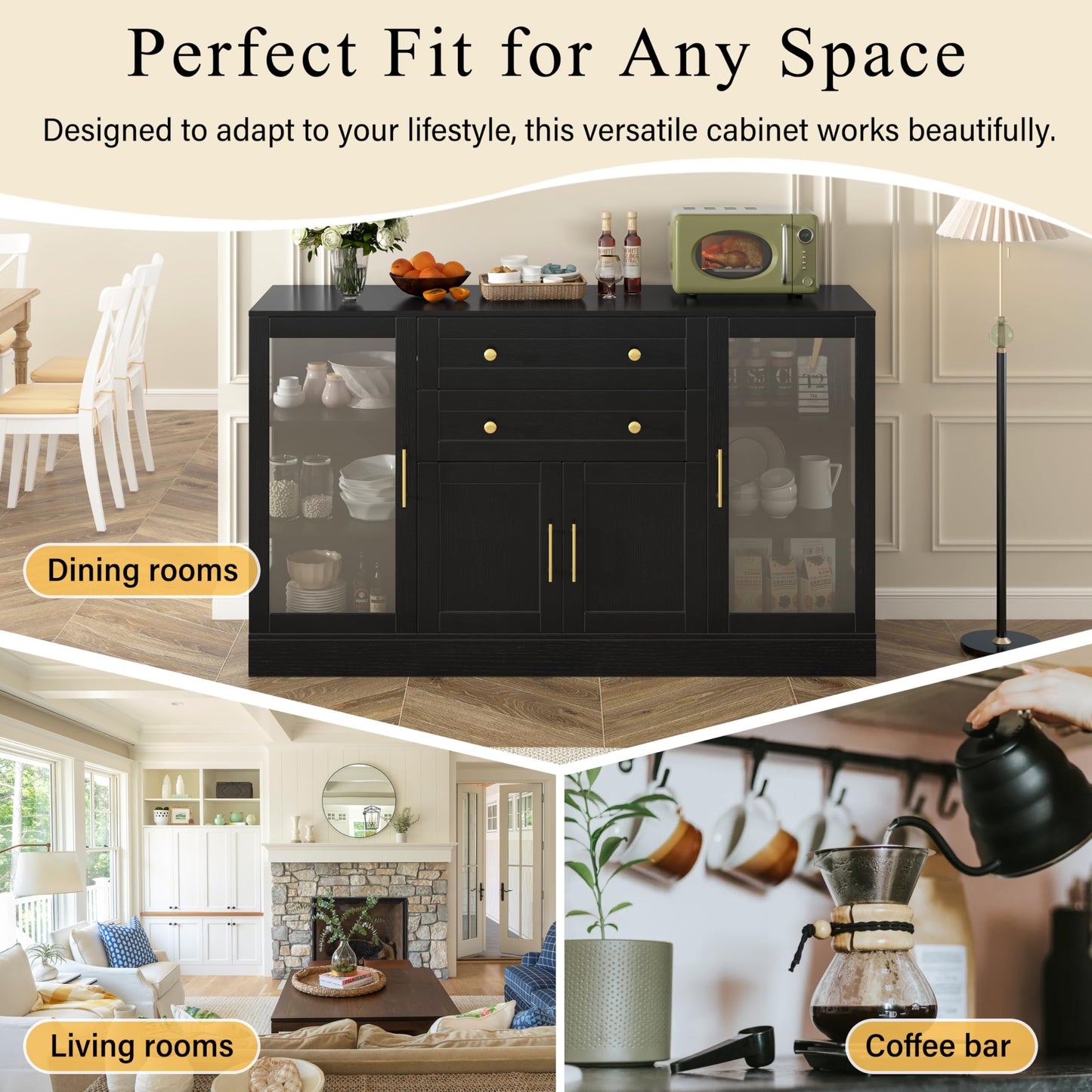 GDFStudio 51" Modern Storage Cabinet with Doors & Drawer, Large Buffet Sideboard Cabinet with Adjustable Shelves, Farmhouse Credenza Console Table Coffee Bar for Living Room Dining Room Kitchen, Black