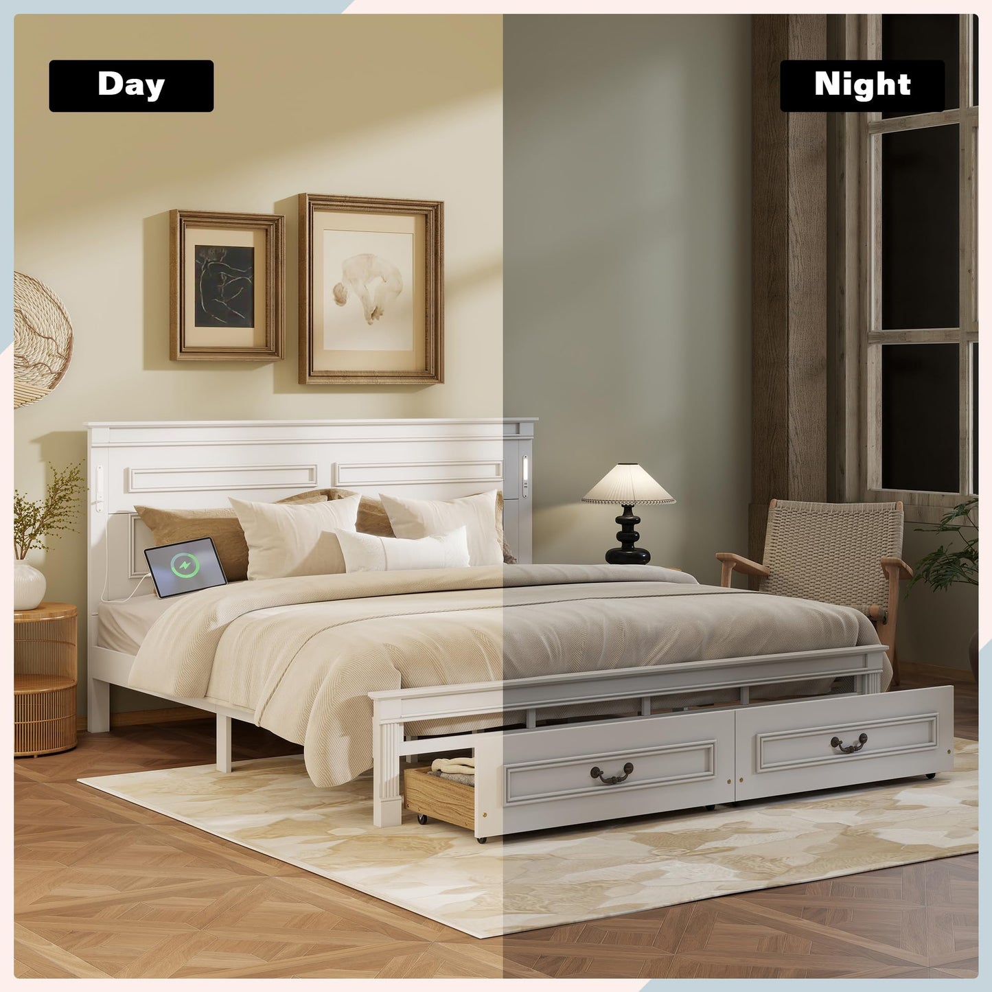 KEIKI Queen Size Farmhouse Bed Frame with 2 Storage Drawers & LED Lights & USB-C Charging Ports, Solid Wood Platform Bed with Tall Panel Headboard & Footboard, No Box Spring Needed, White