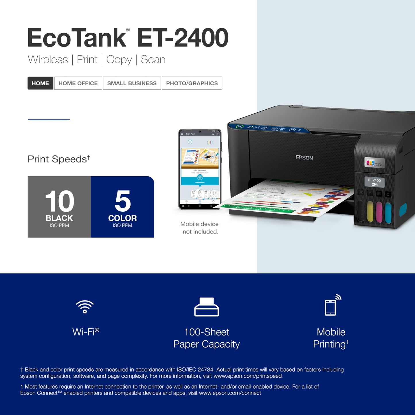 Epson EcoTank ET-2400 Wireless Color All-in-One Cartridge-Free Supertank Printer with Scan and Copy for Everyday Home Printing, Black