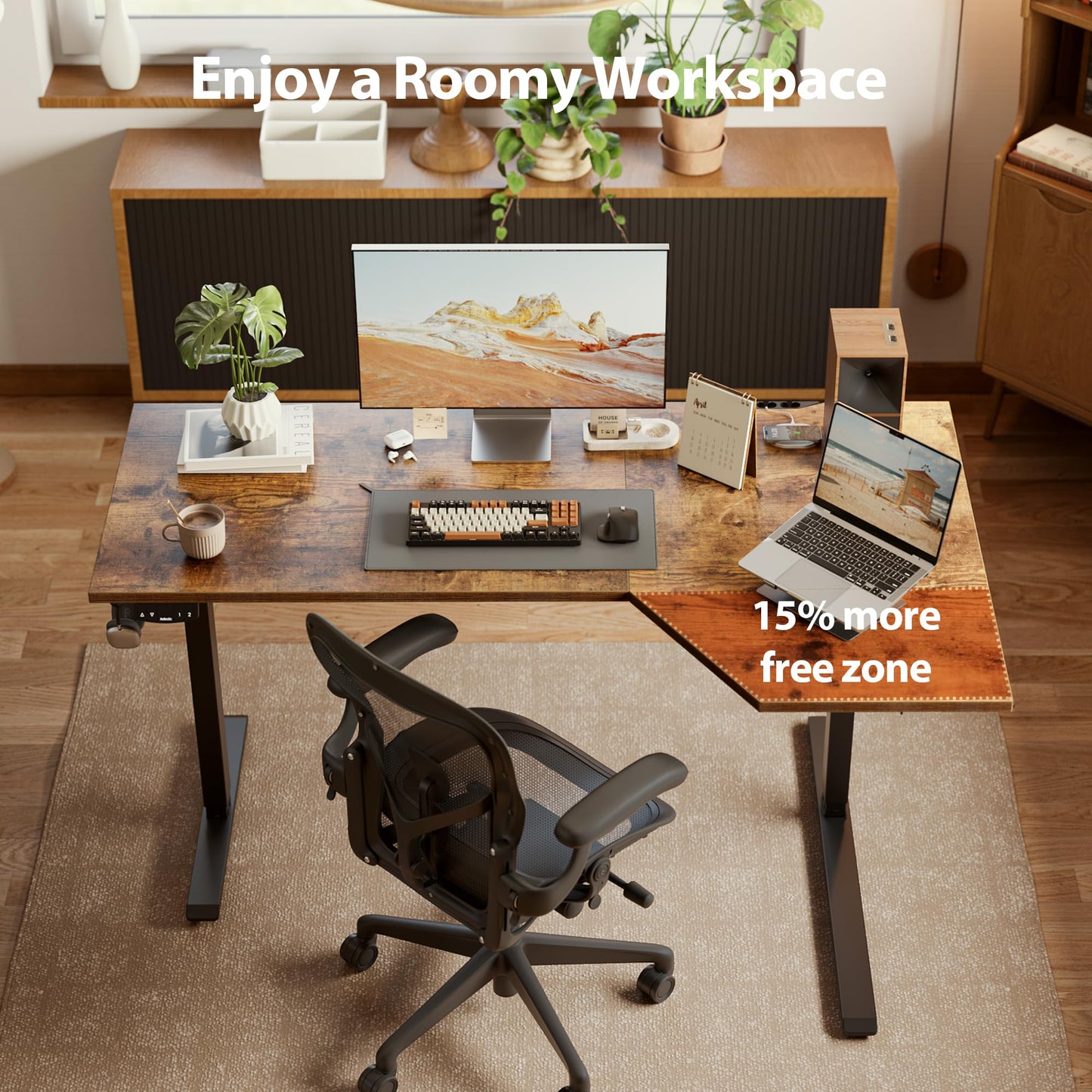 Agilestic Electric Standing Desk, Height Adjustable Desk, 55 x 32 Inch Sit Stand up for Work Office Home, L Shaped Ergonomic Rising Computer Table with Memory Preset, Rustic Brown