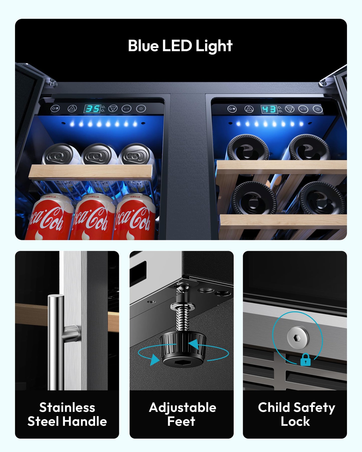 EUHOMY Wine and Beverage Refrigerator, 24 Inch Dual Zone Wine Cooler with Glass Door Hold 21 Bottles and 88 Cans, Built in or Under Counter Wine Fridge with Blue LED Light