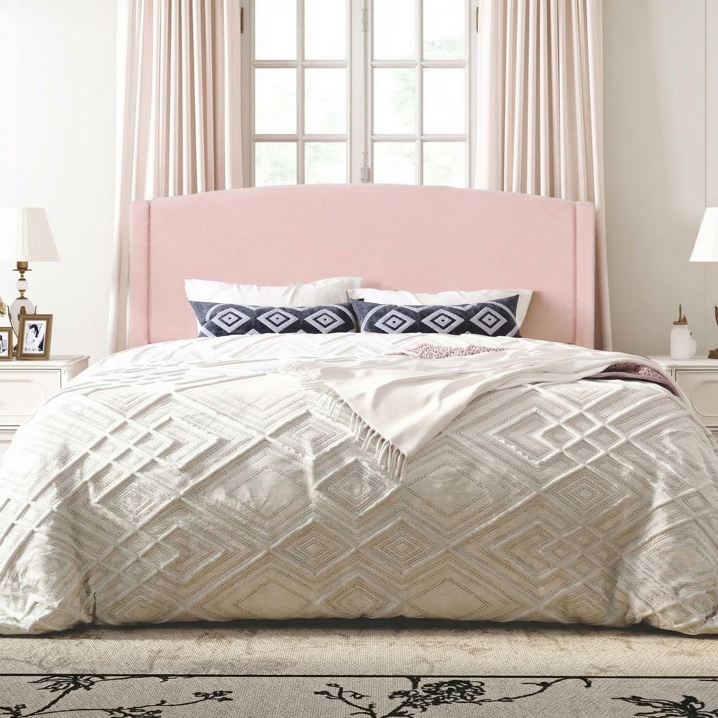 SHA CERLIN King Size Bed Frame with Soft Teddy Fabric, Boucle Upholstered Platform Bed, Curved Headboard Design, Wooden Slats Support, Noise-Free, No Box Spring Needed, Easy Assembly, Pink