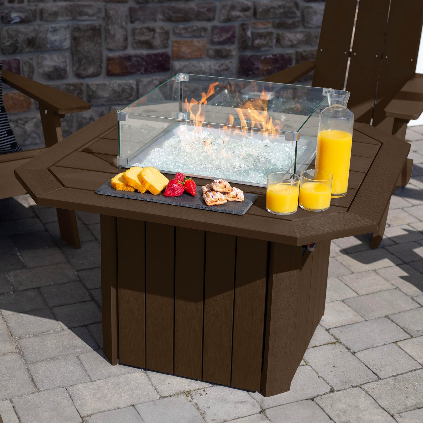 Oasis 5-Piece Conversation Set with Fire Pit Table, 4 Italica Modern Adirondack Chairs and 40” Fire Pit Table with Glass Wind Guard and Rain Cover, Weathered Acorn