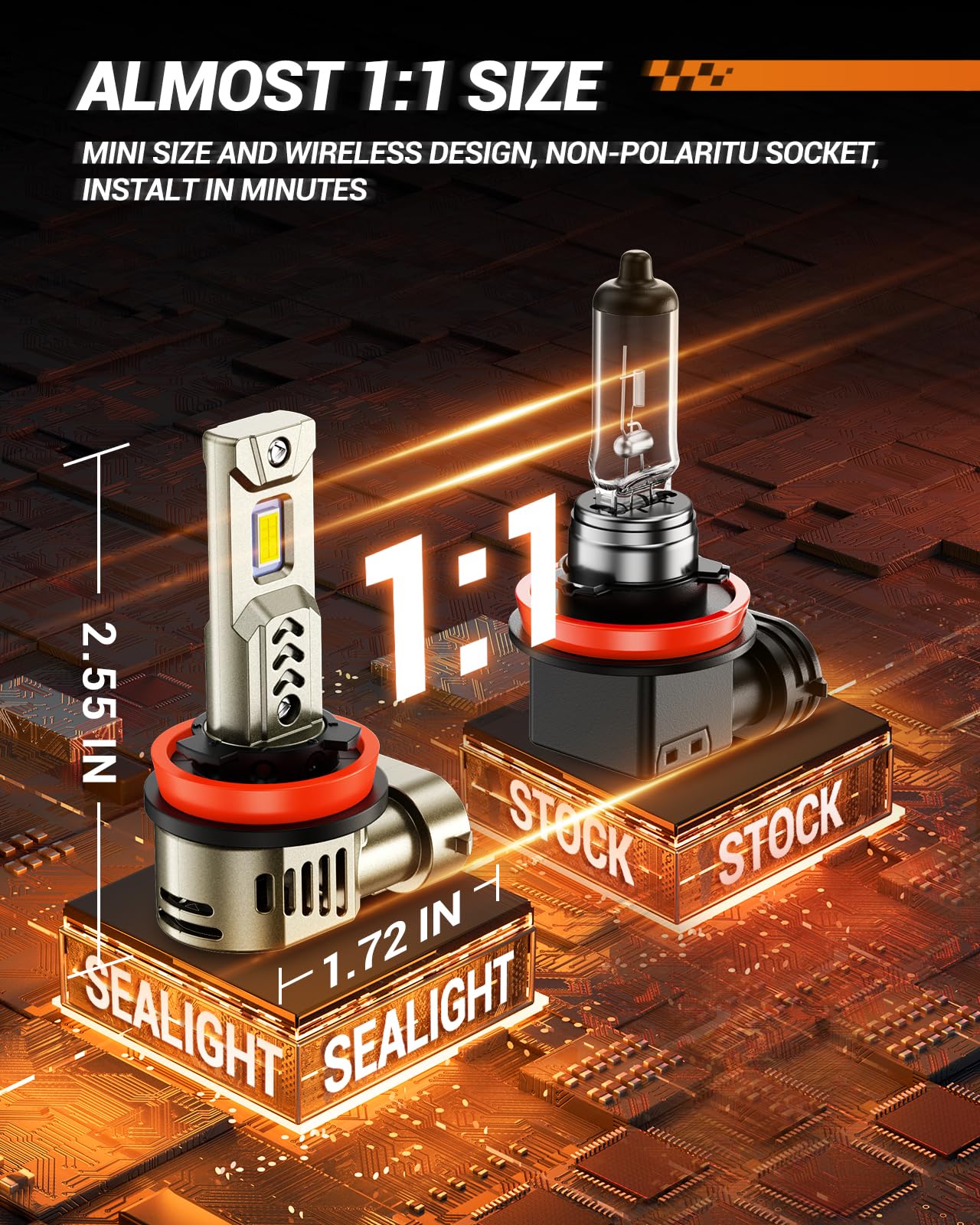 SEALIGHT H11 LED Bulbs, 34000LM, 6500K White, Aluminum, Pack of 2, Fit H11/H9/H8, 1:1 Halogen