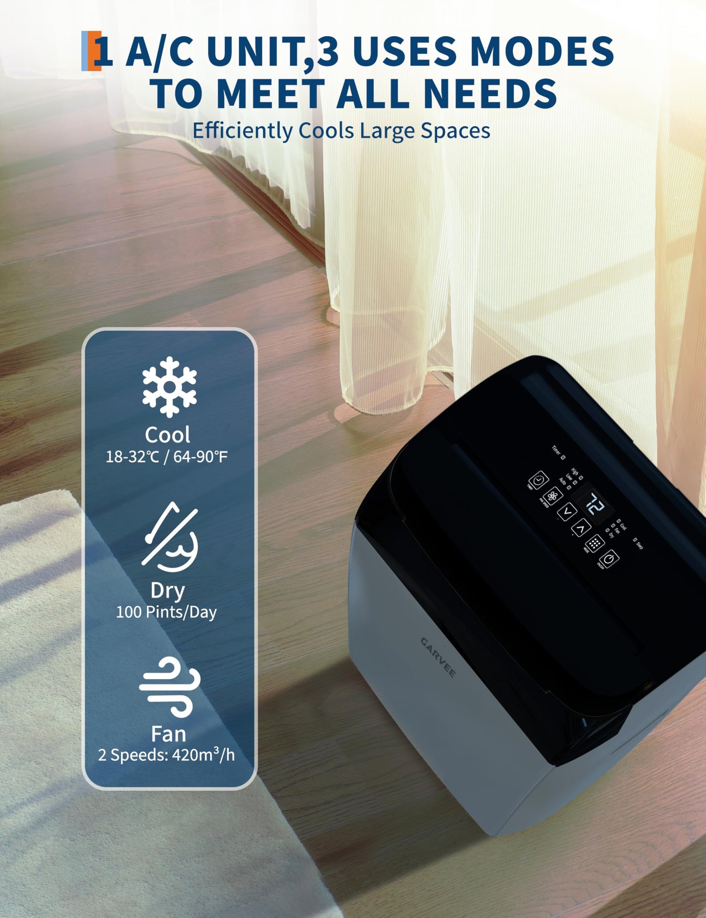 Garvee 14000 BTU Portable Air Conditioner, 3-in-1 Indoor AC Unit with Cooling, Dehumidifier, Fan, Follow Me, 24-Hour Timer, Remote Control & Window Kit for Bedroom, Home Office, Apartment, 750 Sq. Ft