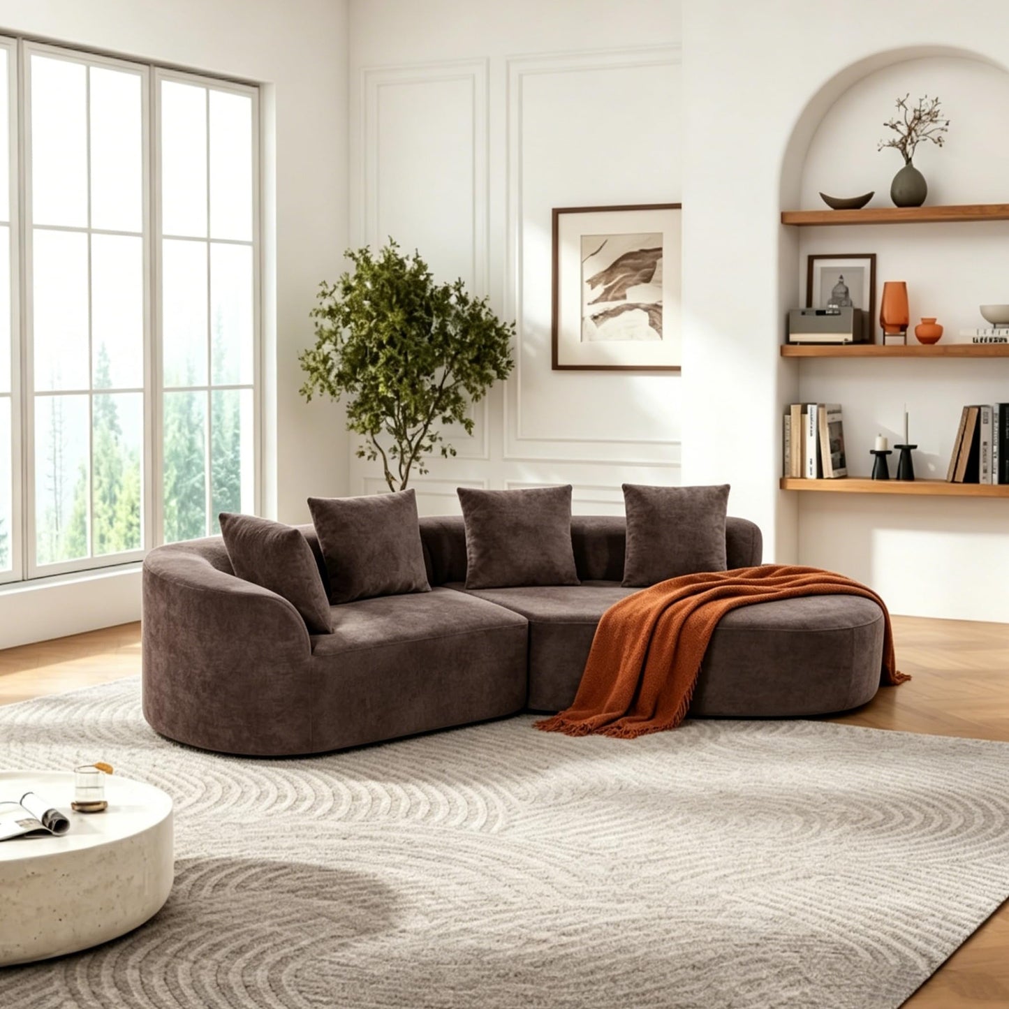 Merax 2-Piece 116" L-Shaped Modular Sectional Sofa Set, 4 Seat Fully Assembled Curved Upholstery Couch with High-Density Compressed Sponge, Chaise Lounge & 4 Pillows for Living Room, Brown