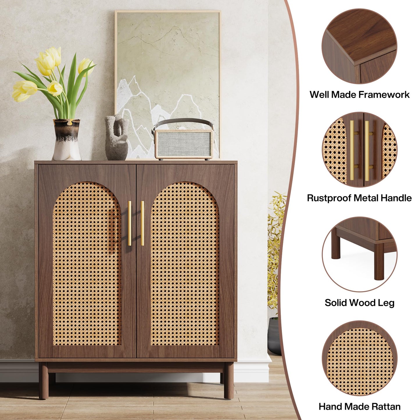 Tribesigns Set of 2 Rattan Sideboard Buffet Cabinet with Storage, 59 Inch Accent Cabinet for Dining Room, Living Room, Kitchen, Rattan and Dark Brown
