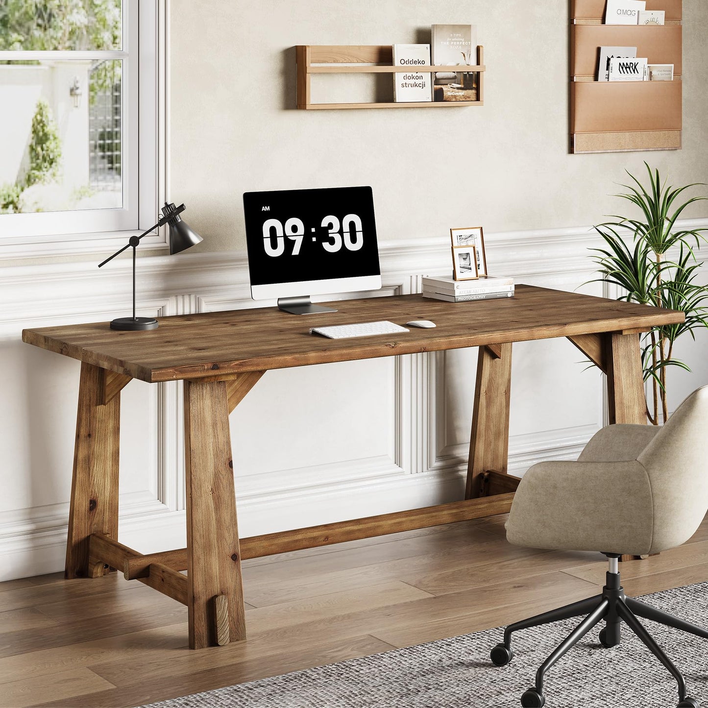 LITTLE TREE 63" Solid Wood Office Desk, Farmhouse Executive Computer Desk, Large Work Writing Table, Rustic Brown Home Office Workstaticon, Business Furniture
