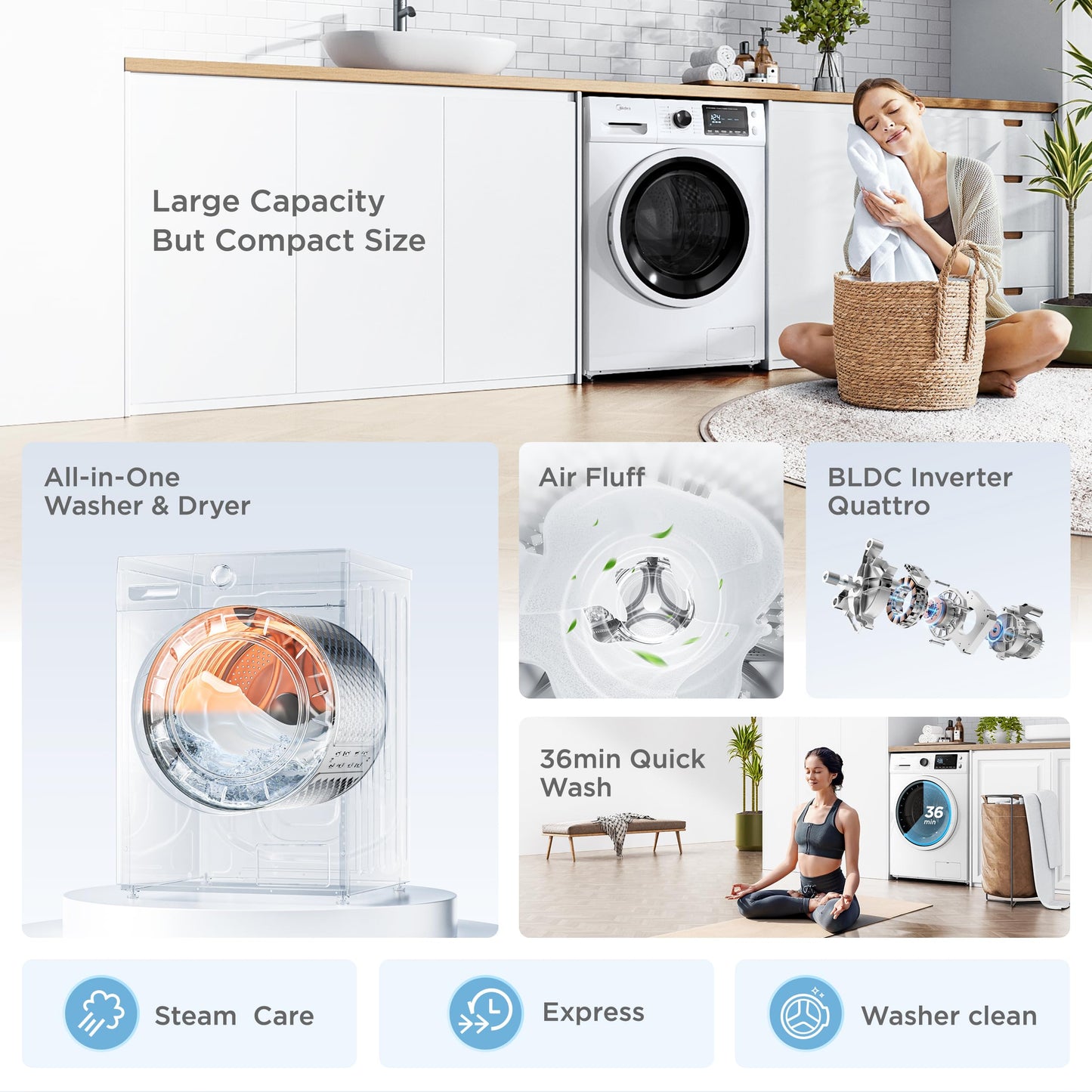 Midea 24 Inch All-in-One Front Load Washer Dryer Combo, 2.7 Cu.ft 26lbs Ventless Full-Automatic Washing Machine with Steam Care, Overnight Dry, 1400 RPM 16 Wash Cycles, White