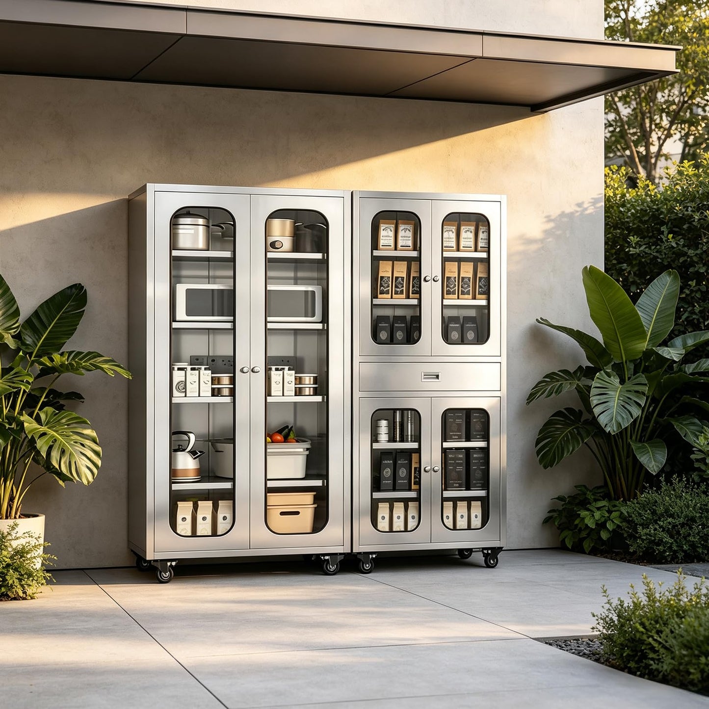 ZZV 68" Tall Stainless Steel Storage Cabinet with Wheels, Fully Assembled 5-Tier Kitchen Pantry Cabinet with Glass Doors for Garage, Utility Room, Laundry Room, Restaurant, Cafe, and Outdoor