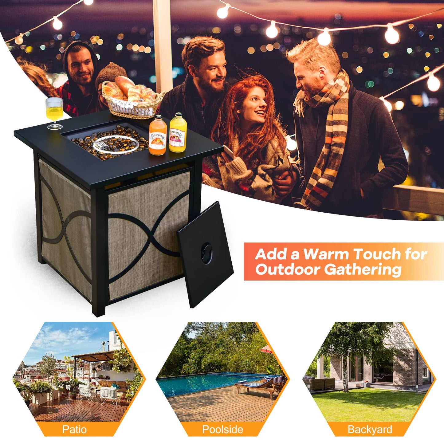 Giantex 25-Inch Propane Fire Pit Table, 40000 BTU Square Gas Firepit Table with Lid, Fire Glass and Adjustable Flame, CSA Approved, 2-in-1 Outdoor Fire Table for Patio and Garden