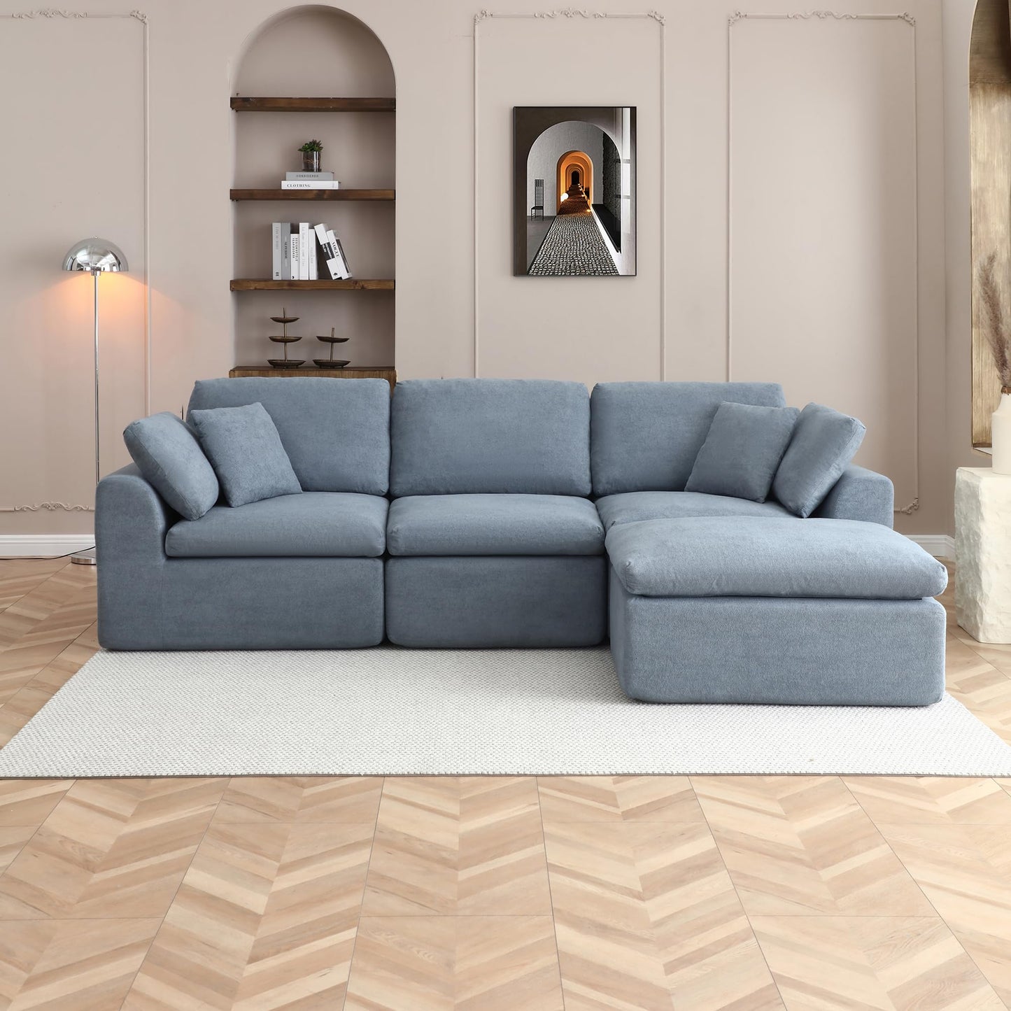 111-Inch L-Shaped Modular Boneless Cloud Sectional Sofa 4 Seat Floor Foam Sofa Couches Deep Seat with Ottoman,Comfy Fabric Upholstered 4 PCS Compressed Cloud Couch