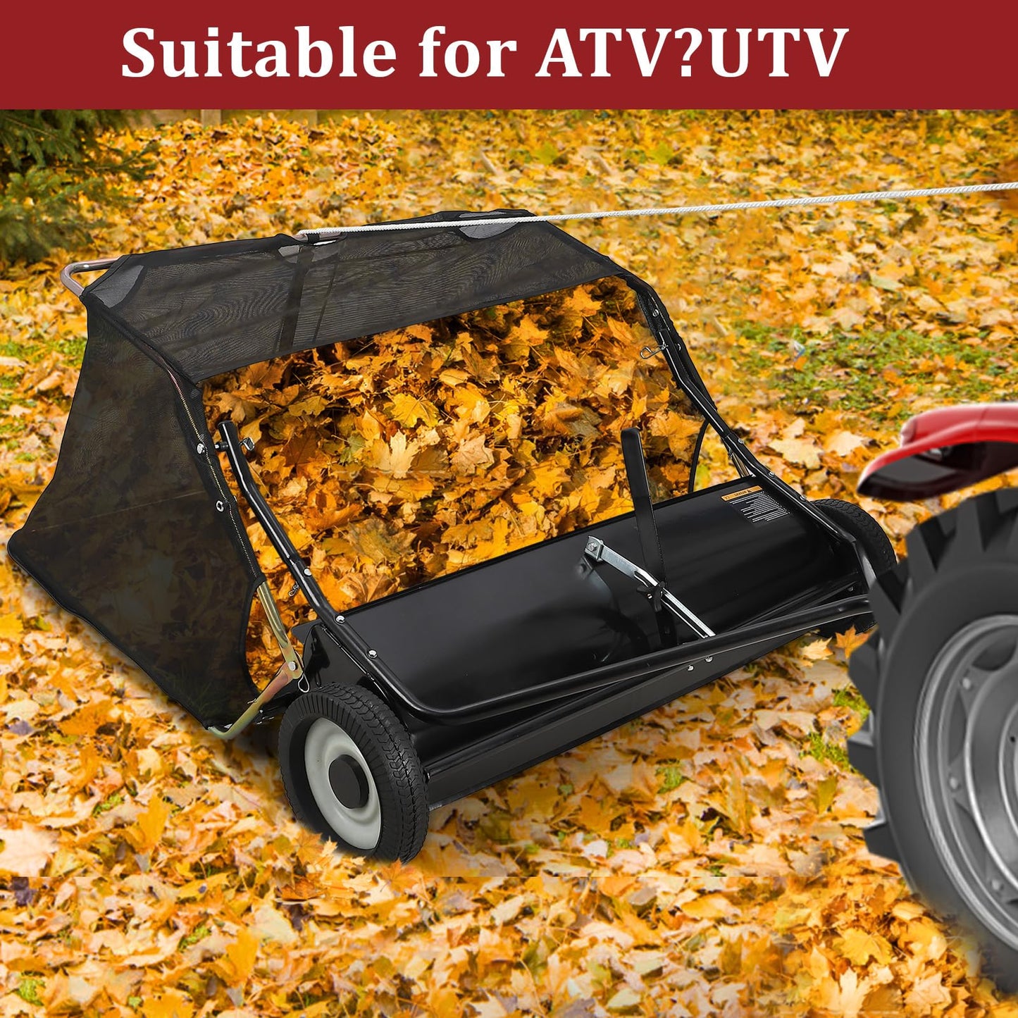 GarveeHome 42" Tow‑Behind Lawn Sweeper, Heavy‑Duty Leaf & Grass Collector for Lawn Tractor/ATV, 24 Cu.ft Yard Sweeper with Adjustable Height & Dumping Rope, Pull Behind Lawn Sweeper for Leaves