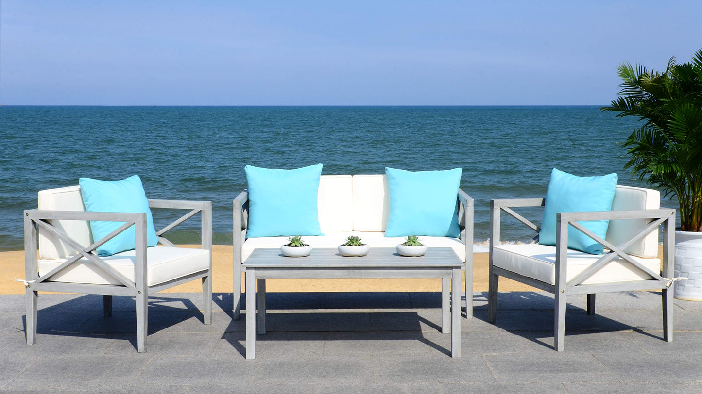 Safavieh PAT7031A Collection Nunzio Teak and White and Navy 4 Pc Accent Pillows Outdoor Set